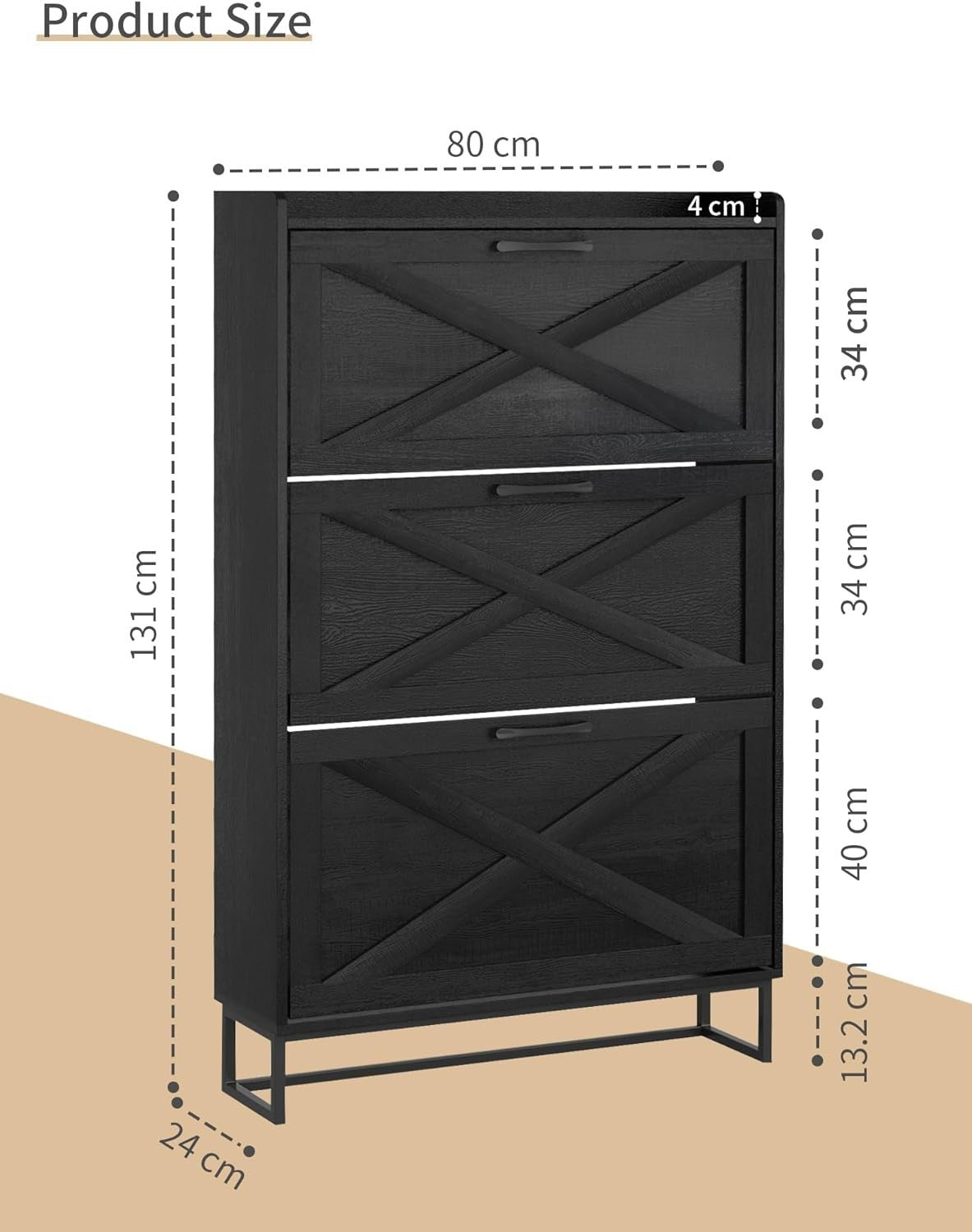 Slim Black Shoe Cabinet 3 Drawer Fold Rack 80cm Wide Entryway Storage