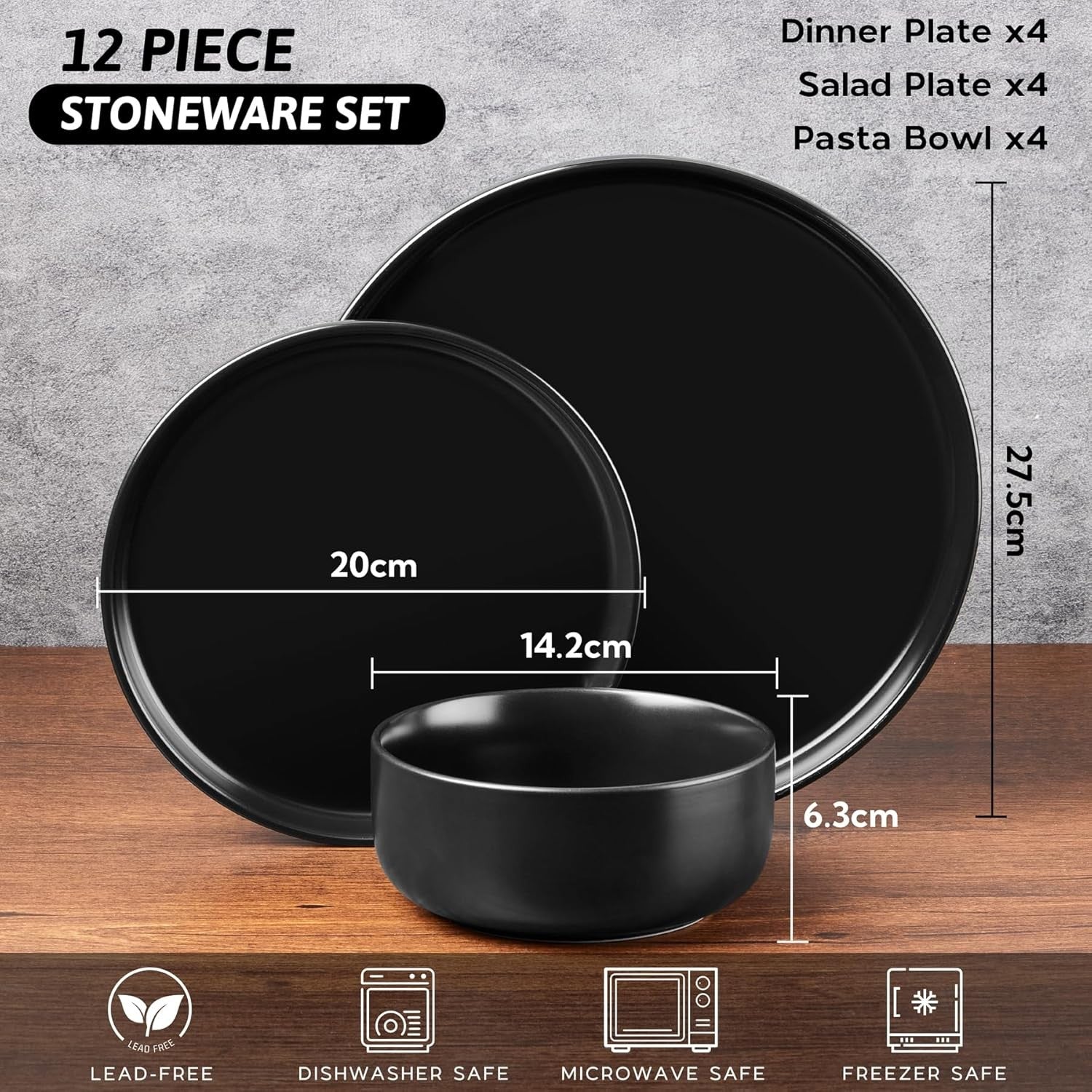 12pc Stoneware Dinner Set Matte Black Plates Bowls Microwave Safe
