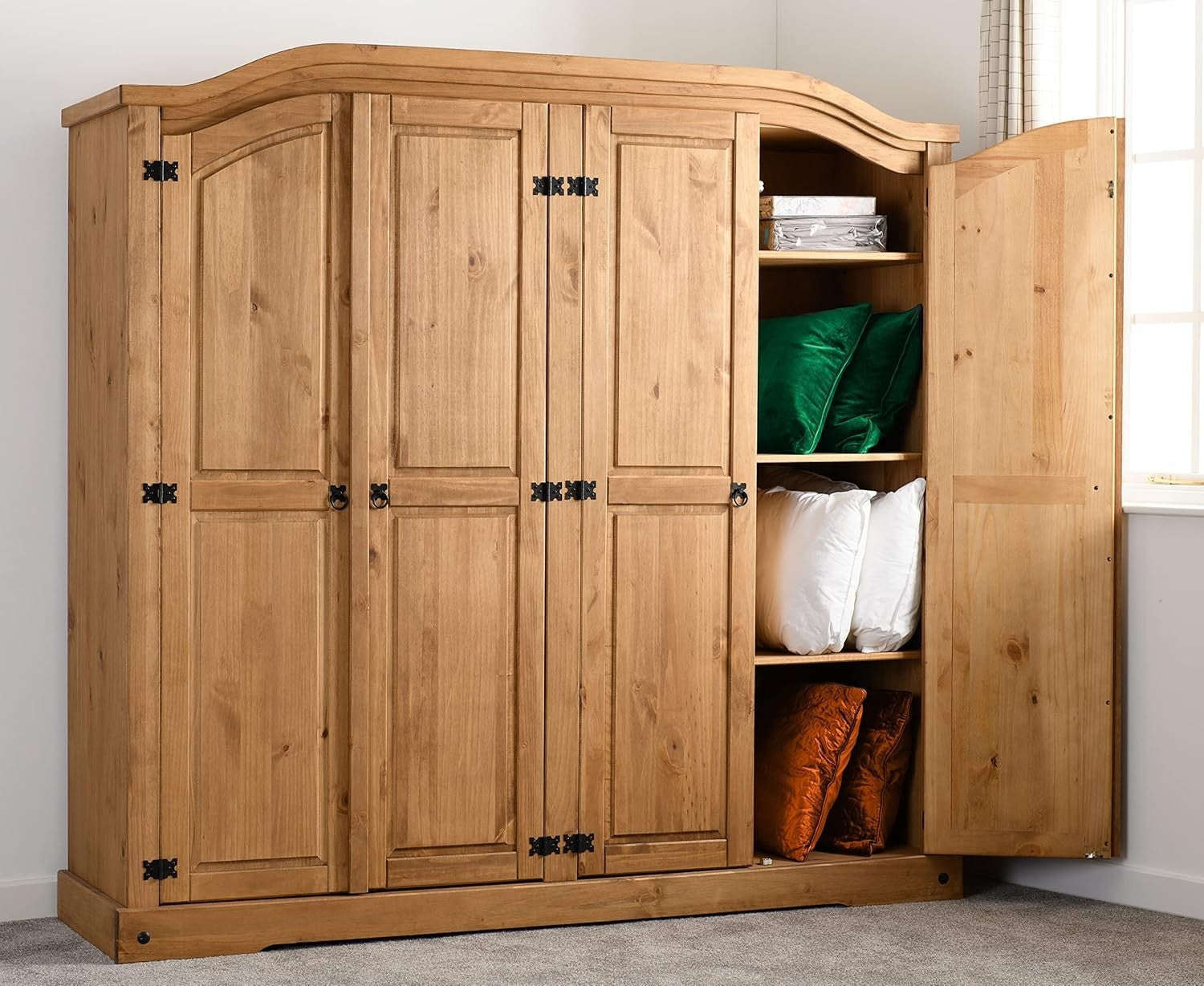 Spacious 4 Door Rustic Pine Wardrobe with Metal Handles & Hinged Doors