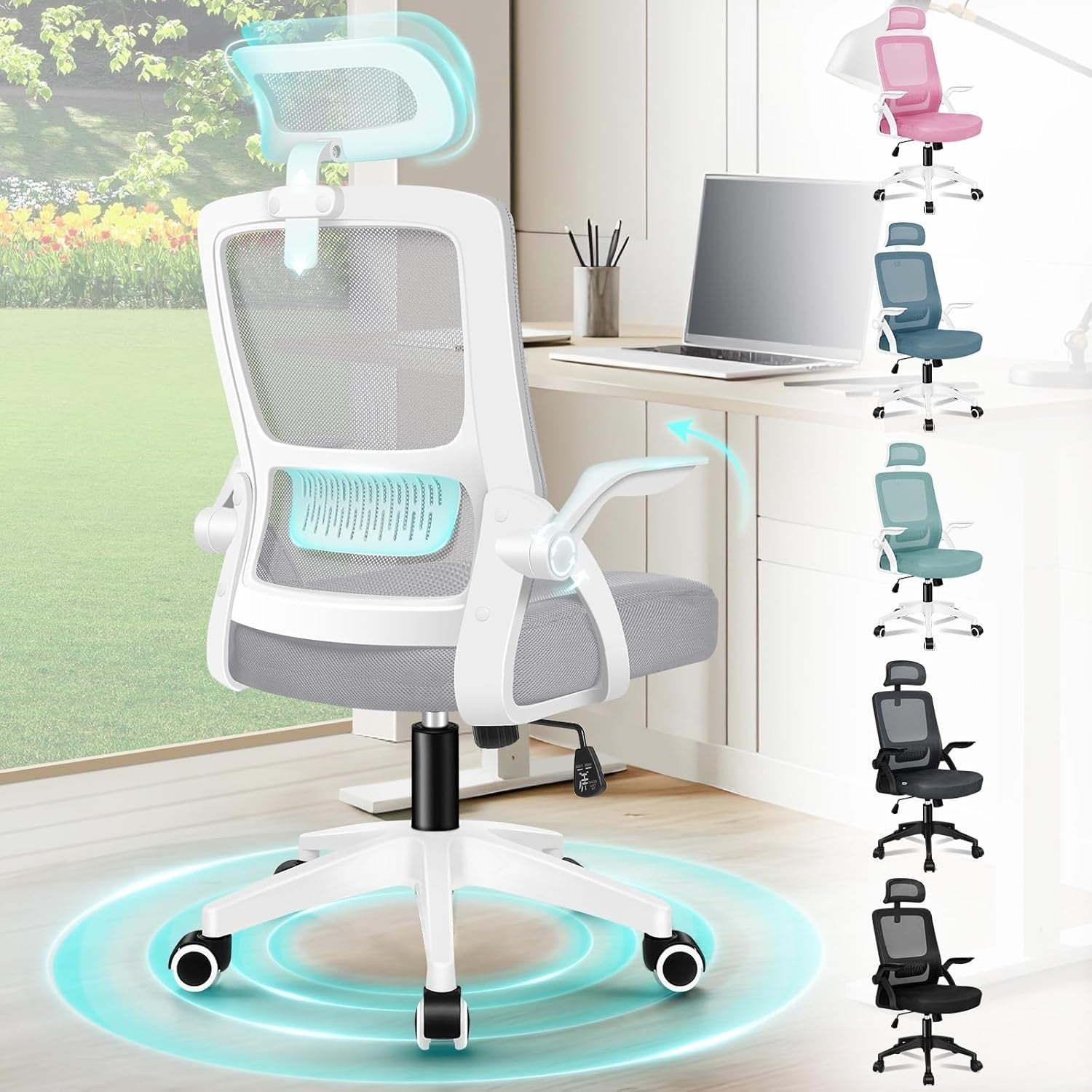Ergonomic Mesh Office Chair, High Back Desk Chair, Flip Arm, Headrest, 180KG Max