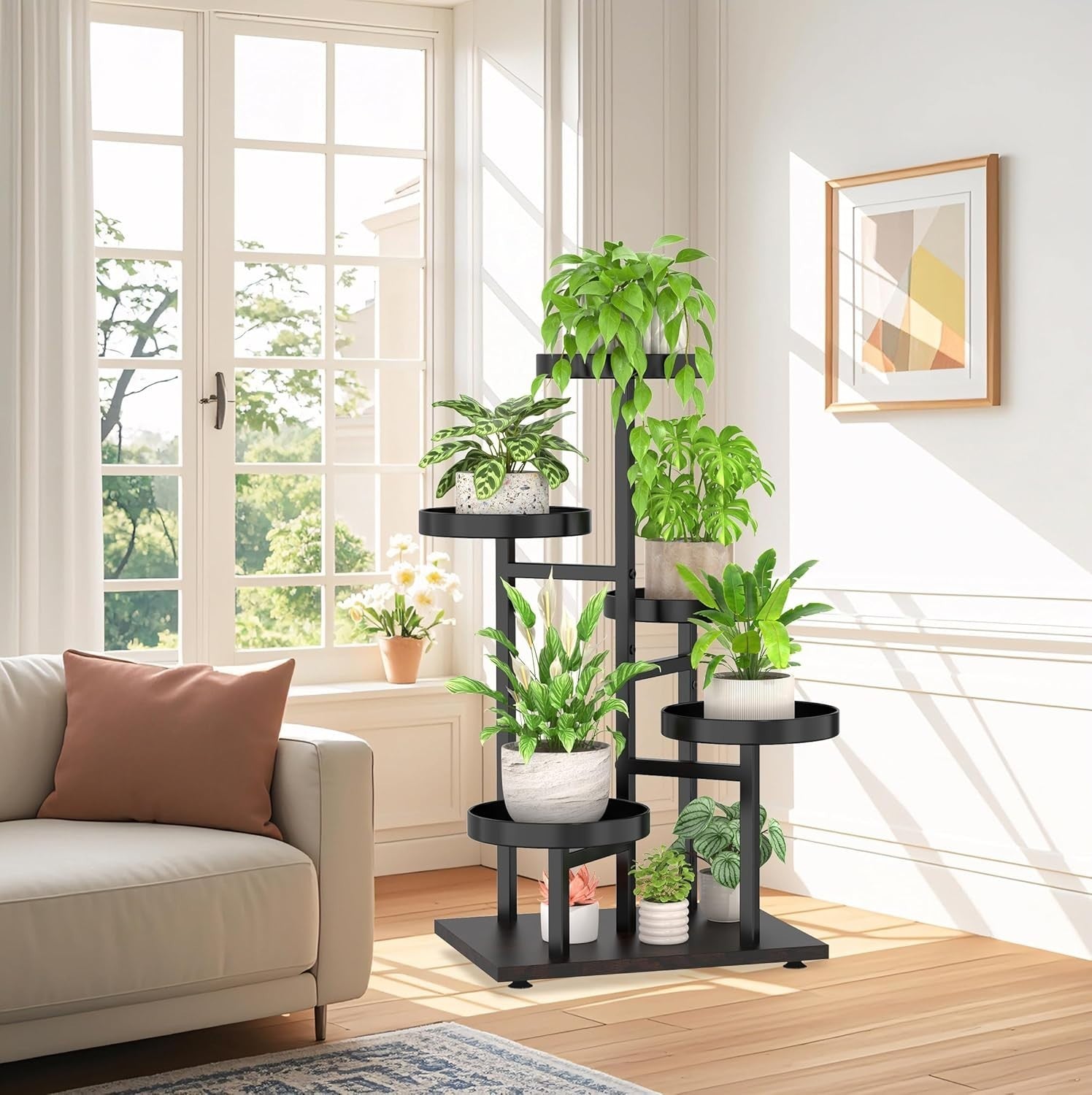 5-Tier Black Walnut Metal & Wood Plant Stand | Corner Indoor Outdoor Shelf