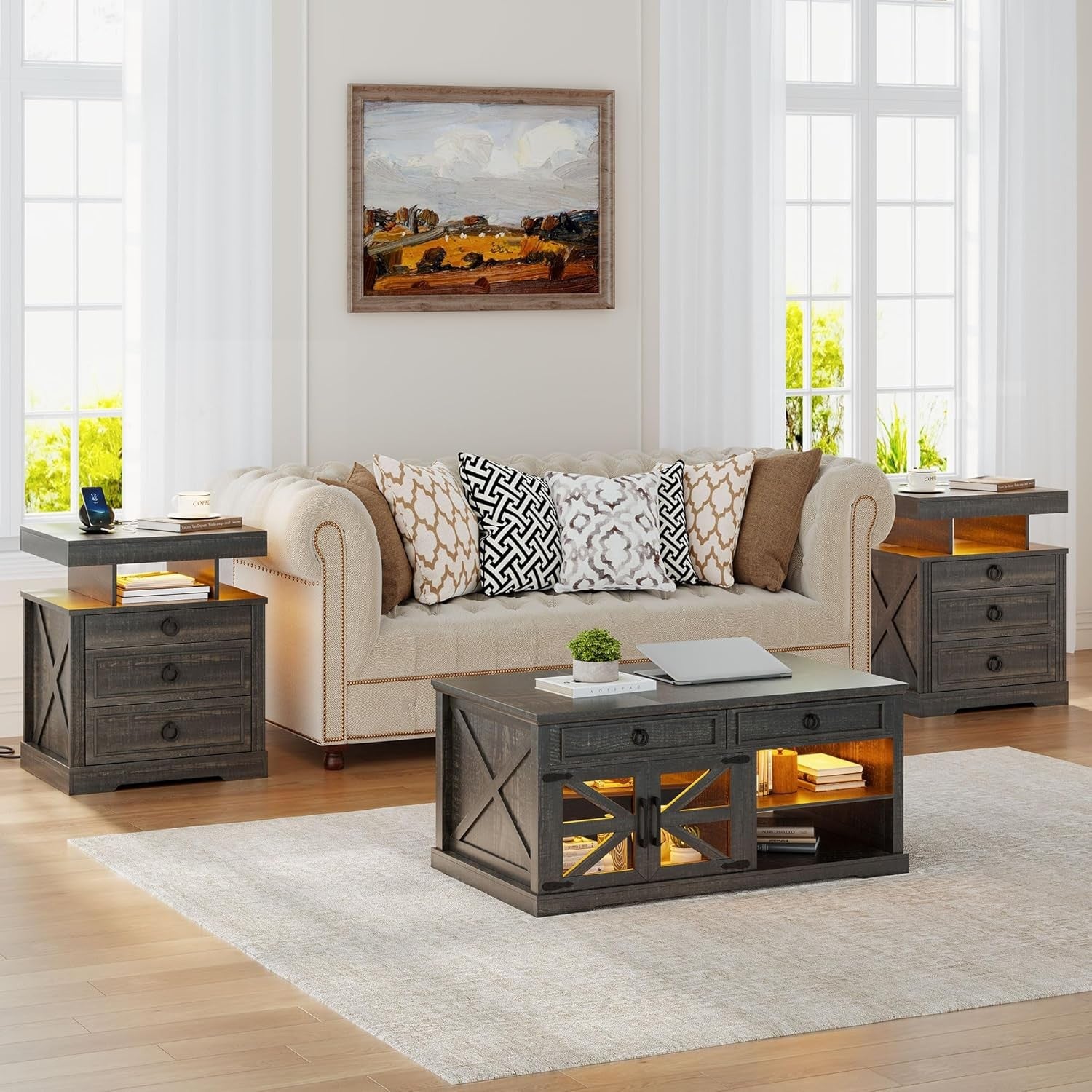 LED Bedside Table with Hidden Drawer, Wireless Charging & Rustic Storage