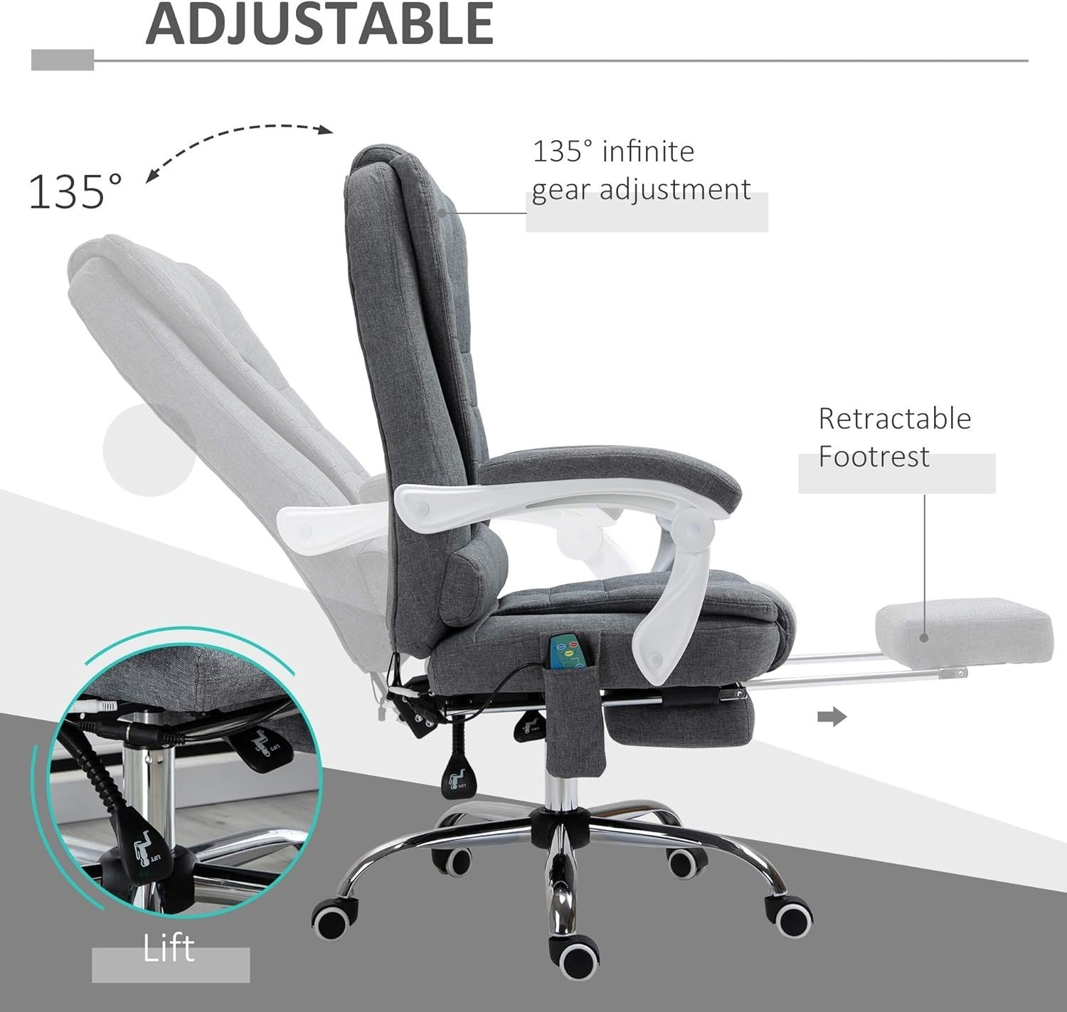 Massage Office Chair Recliner Heated Seat Footrest High Back Home Desk Grey