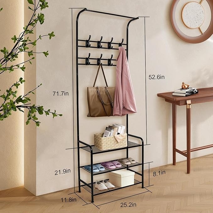 Freestanding Coat Rack with Shoe Bench & Hooks | Black Metal Hall Tree Organizer