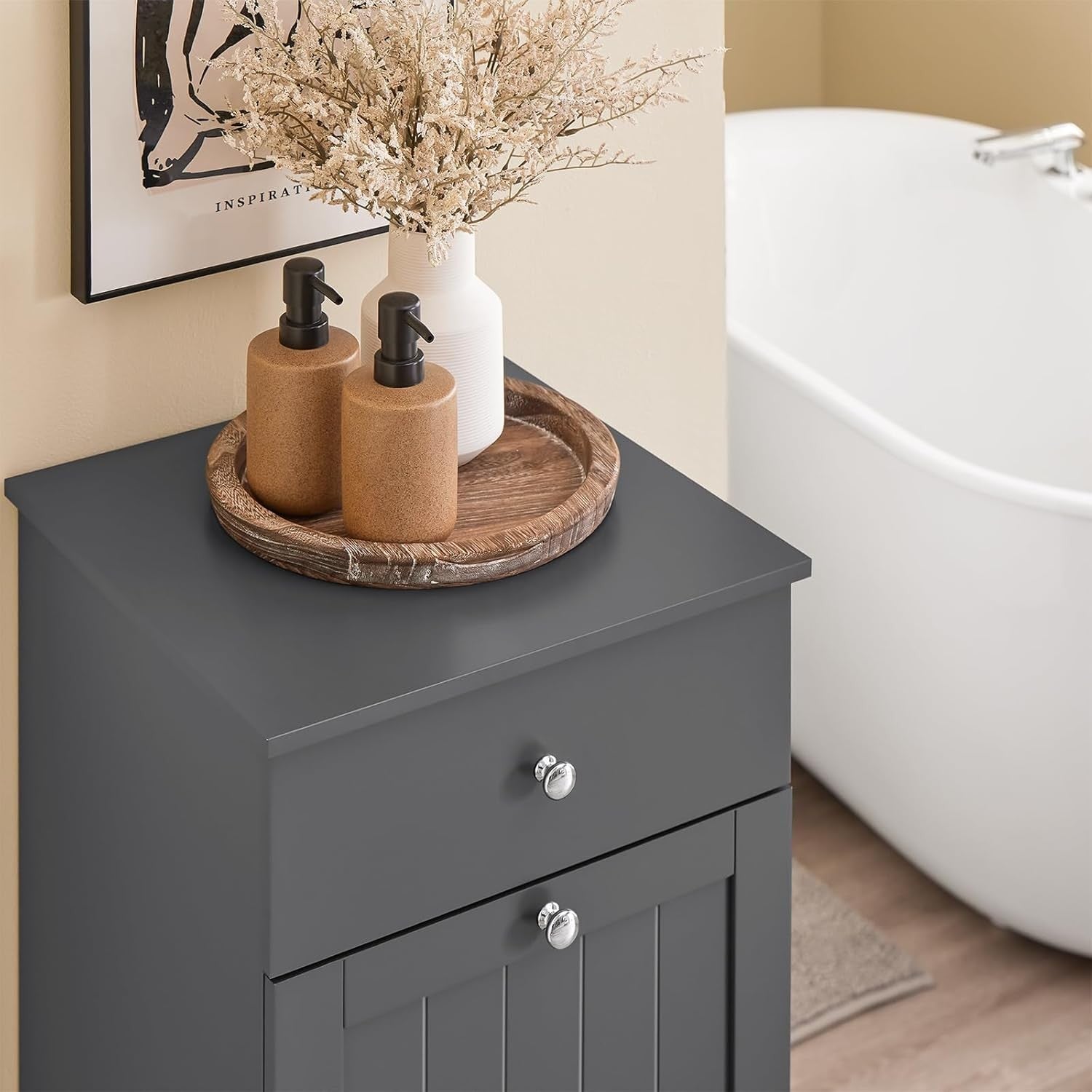 Slim Bathroom Laundry Cabinet with Tilt Hamper & Drawer, Space-Saving Unit 40x90