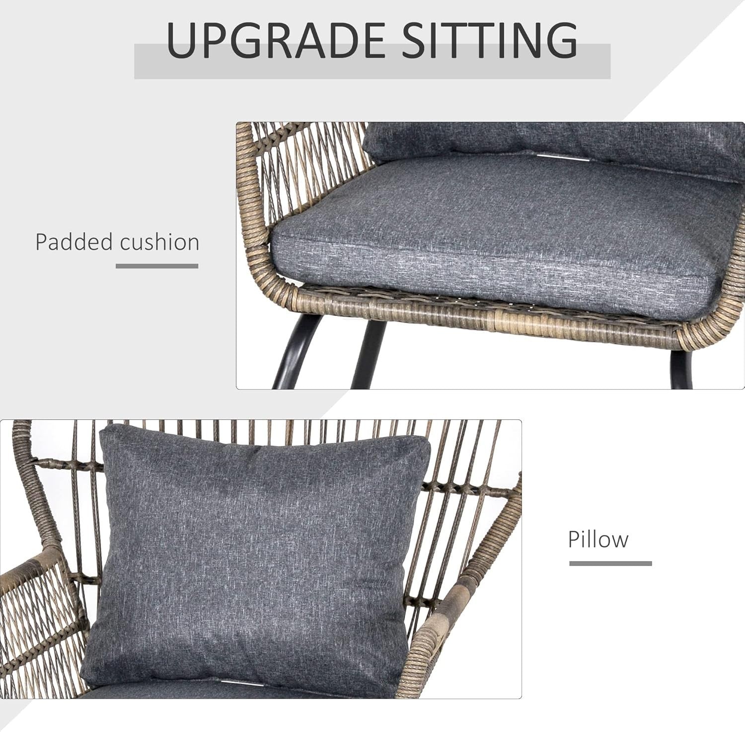 Luxury Rattan Bistro Set 3PC Woven Chairs Glass Table Cushioned Patio Grey