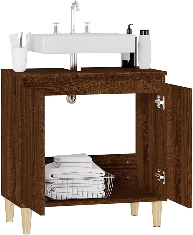 Brown Oak Under Sink Bathroom Cabinet 58cm Modern Vanity Storage Unit Cupboard