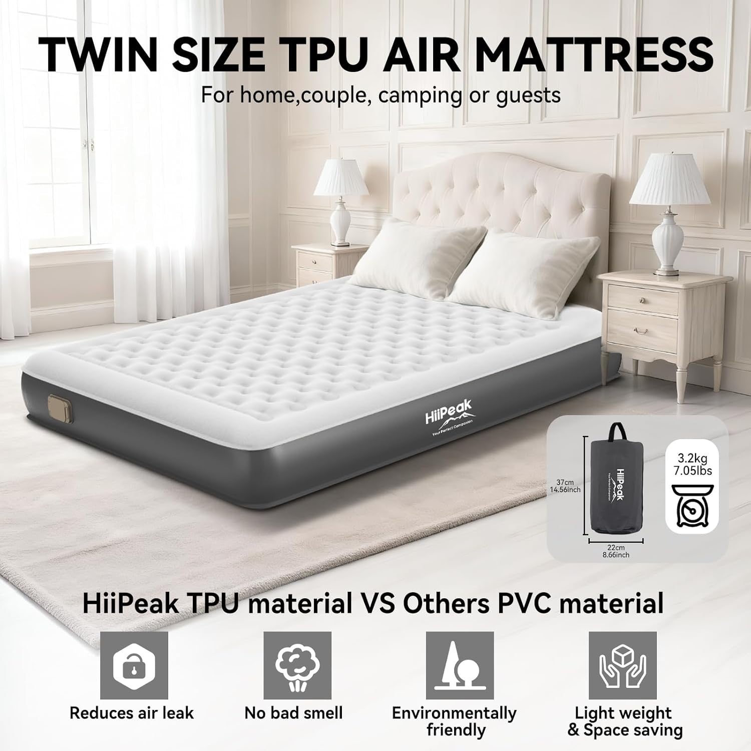 Double Air Bed with Built-In Pump Self Inflating Suede Camping Mattress