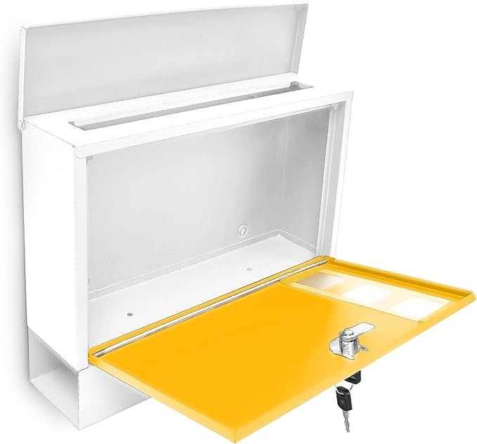 Lockable Wall Mounted Mailbox with Keys – Modern Metal Letterbox, White-Yellow