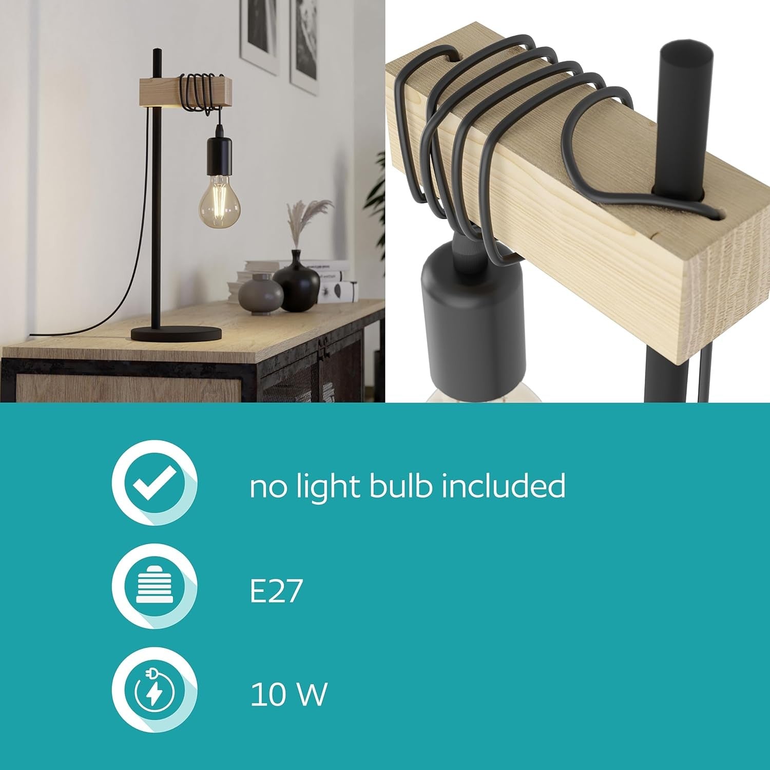 Vintage Industrial Table Lamp Wood & Steel Bedside Light E27 Switch