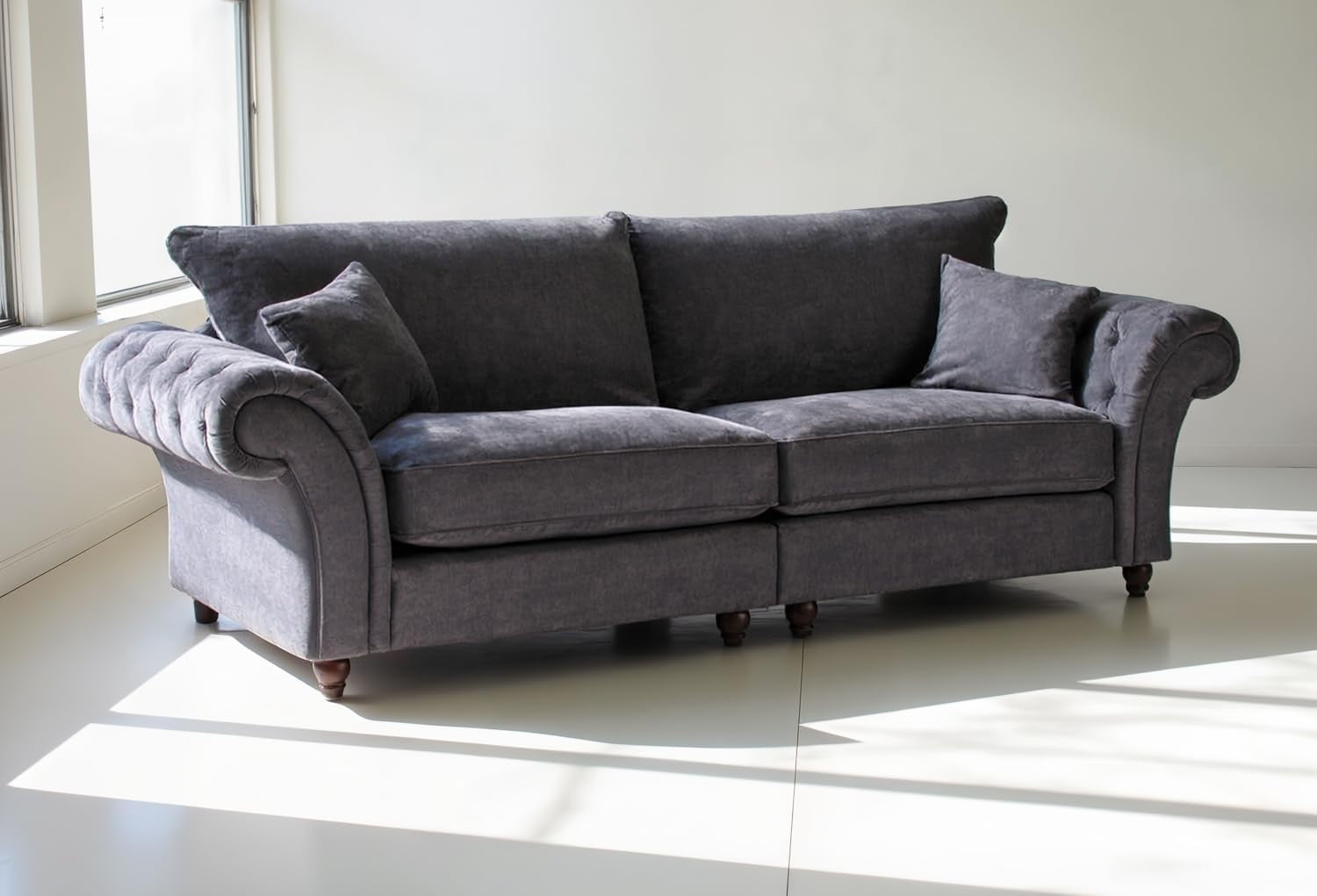 Grey 4 Seater Sofa with Chenille Fabric & Button-Tufted Scroll Arms.