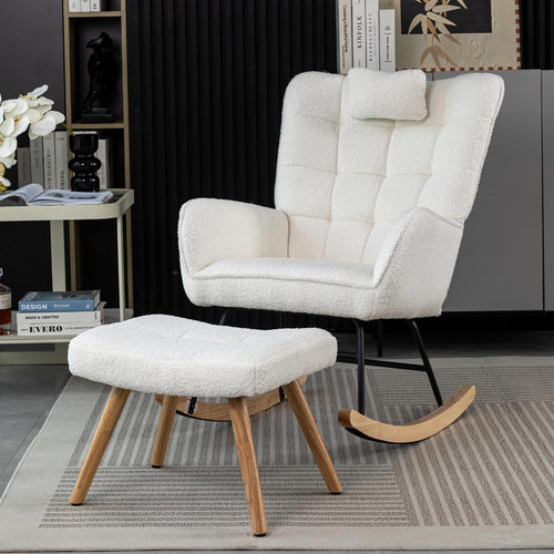 Ergonomic Rocking Chair with Neck Pillow & Footstool, Solid Wood Legs