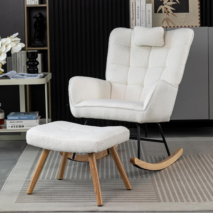 Ergonomic Rocking Chair with Neck Pillow & Footstool, Solid Wood Legs