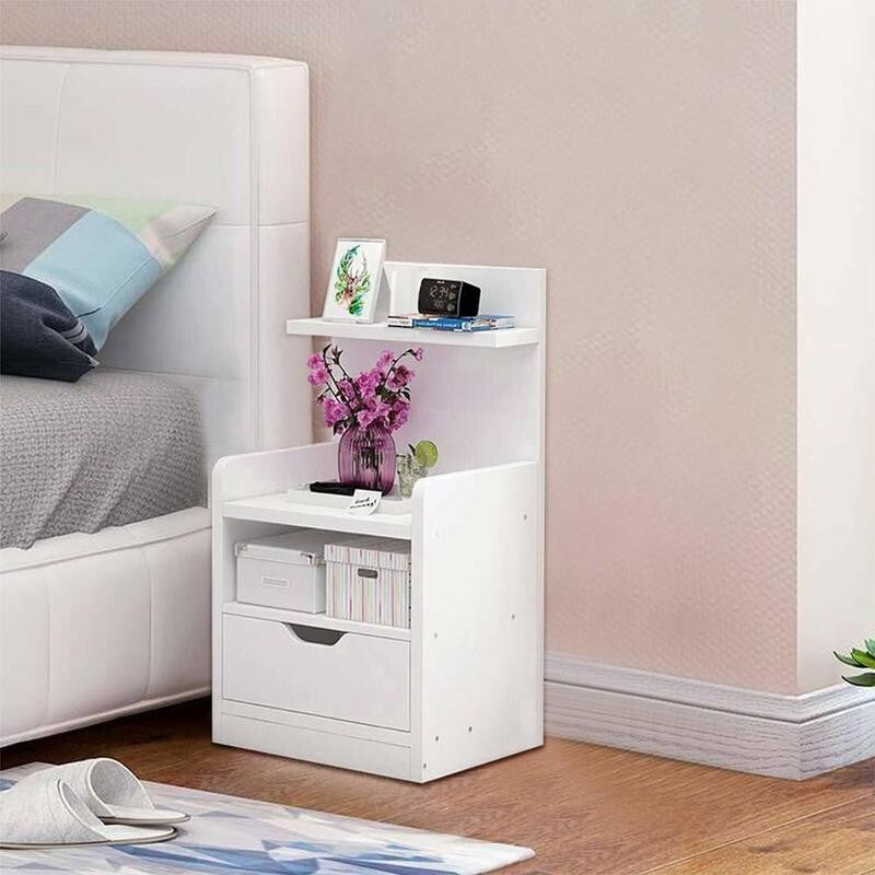 White Bedside Table with Drawer & Shelves, Compact Nightstand 60cm Modern
