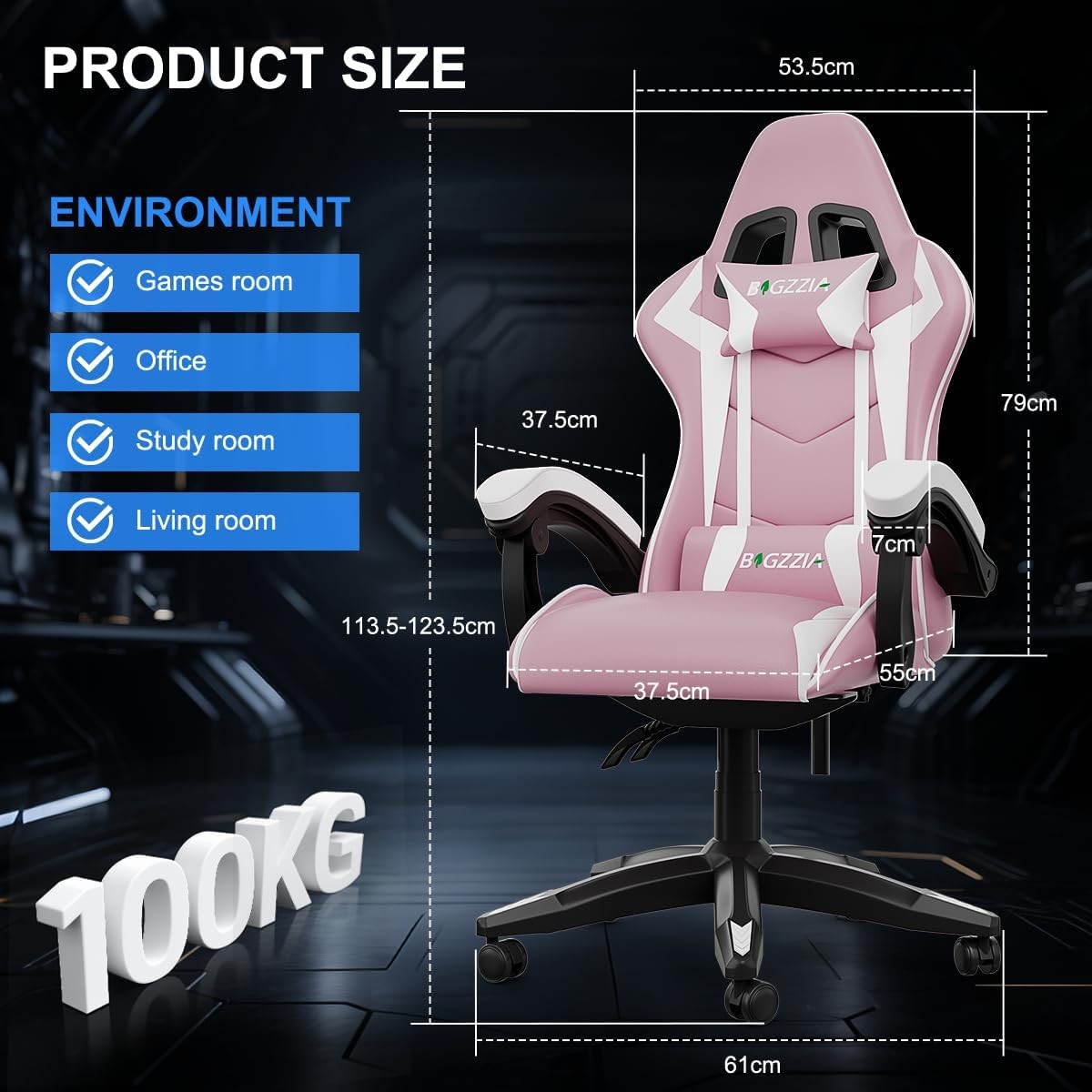 Gaming Chair Pink w/ Bluetooth Speakers Reclining Ergonomic