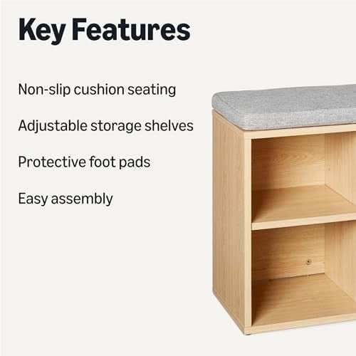Oak Shoe Storage Bench, Cushion Seat 6 Compartment Adjustable Shelves 87x30x48cm