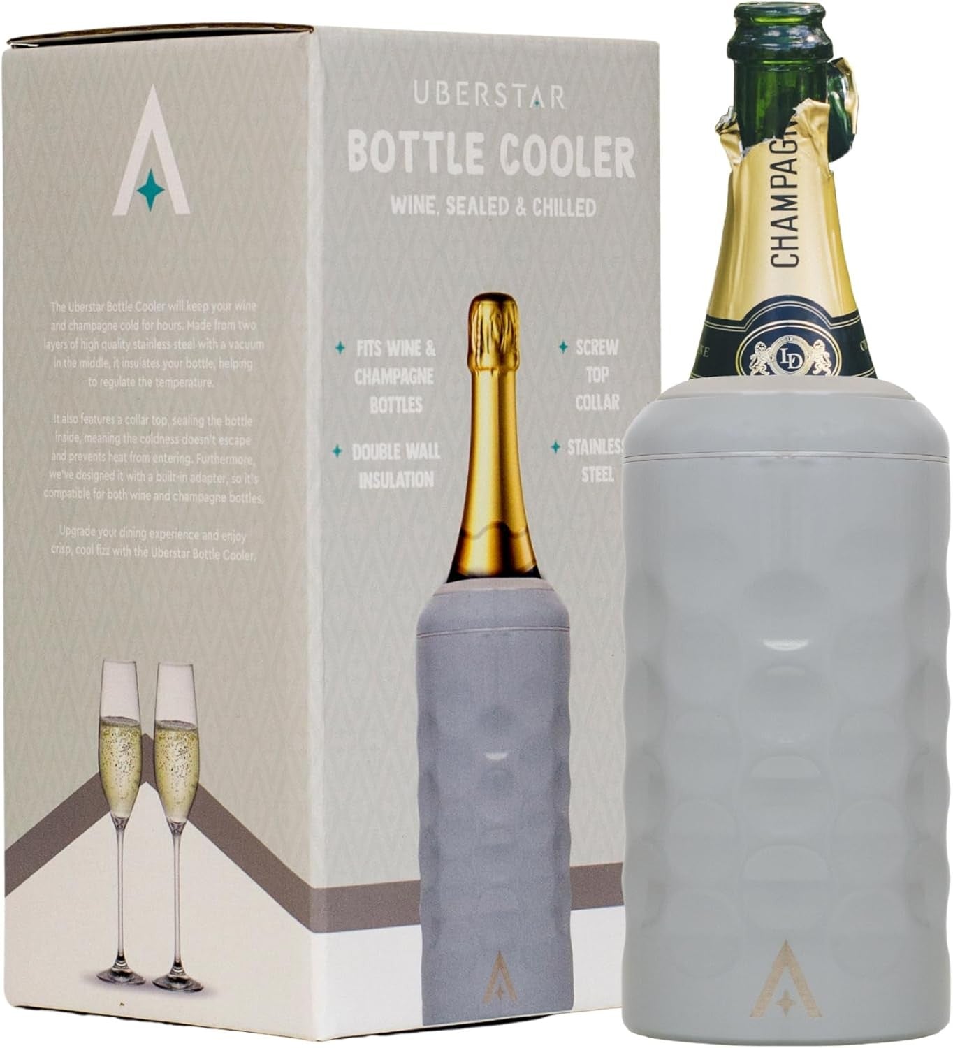 Wine Bottle Cooler Grey Stainless Steel Double Wall Vacuum Chiller Gift
