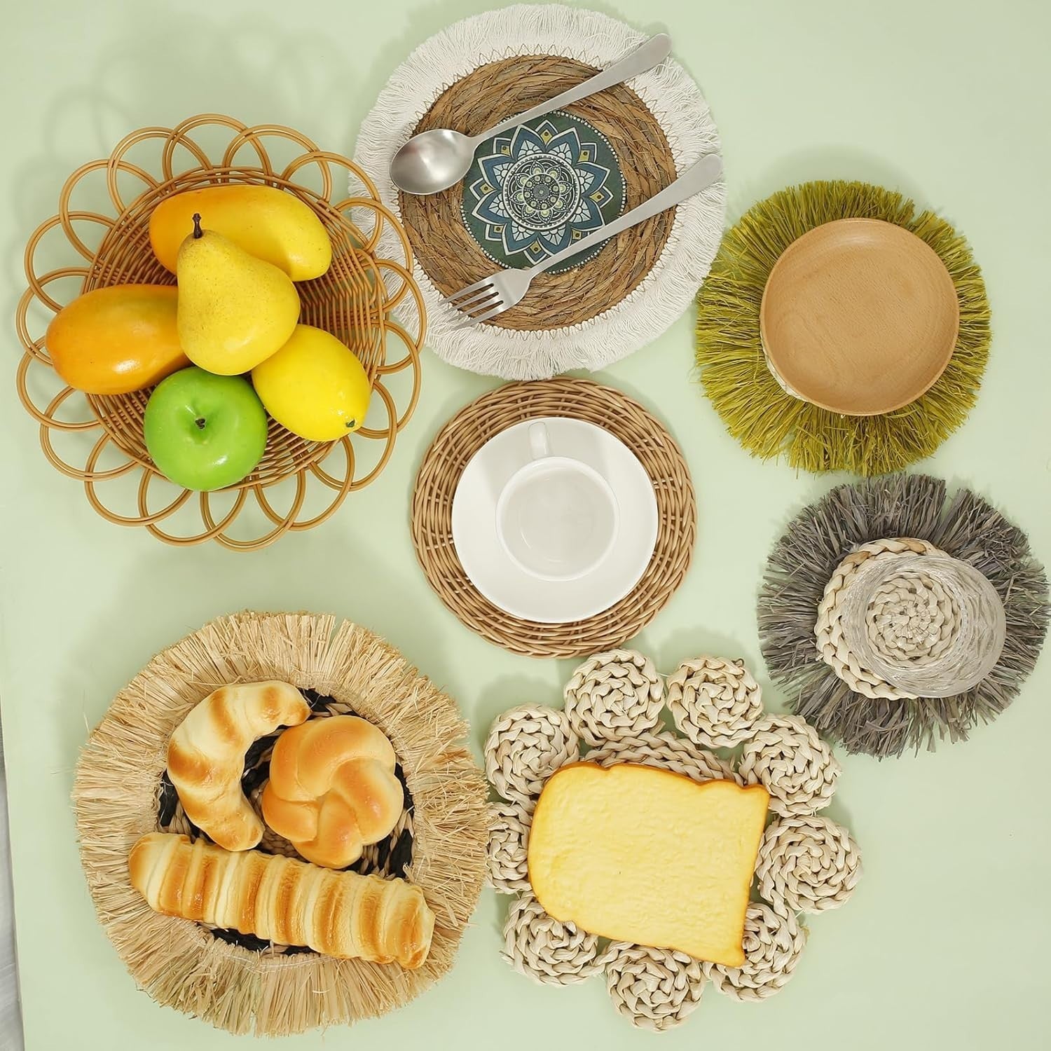 7PCS Boho Woven Wall Baskets Handmade Rattan Decor 4 Sizes