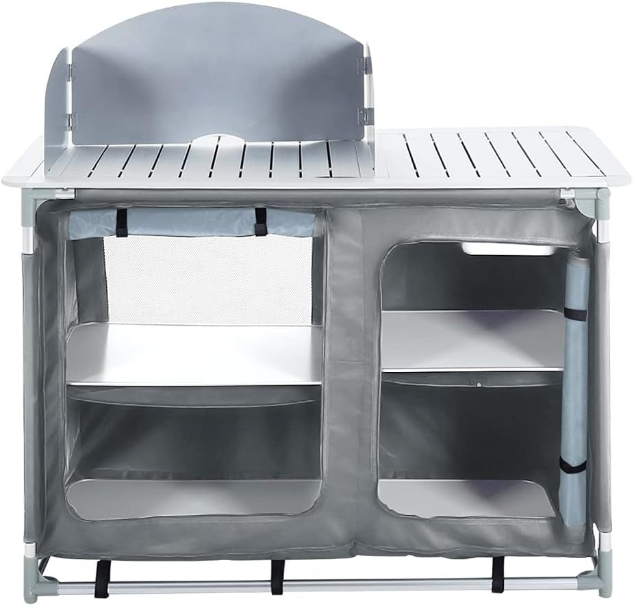 Outdoor Folding Camping Kitchen Table with Storage & Windproof Design Grey