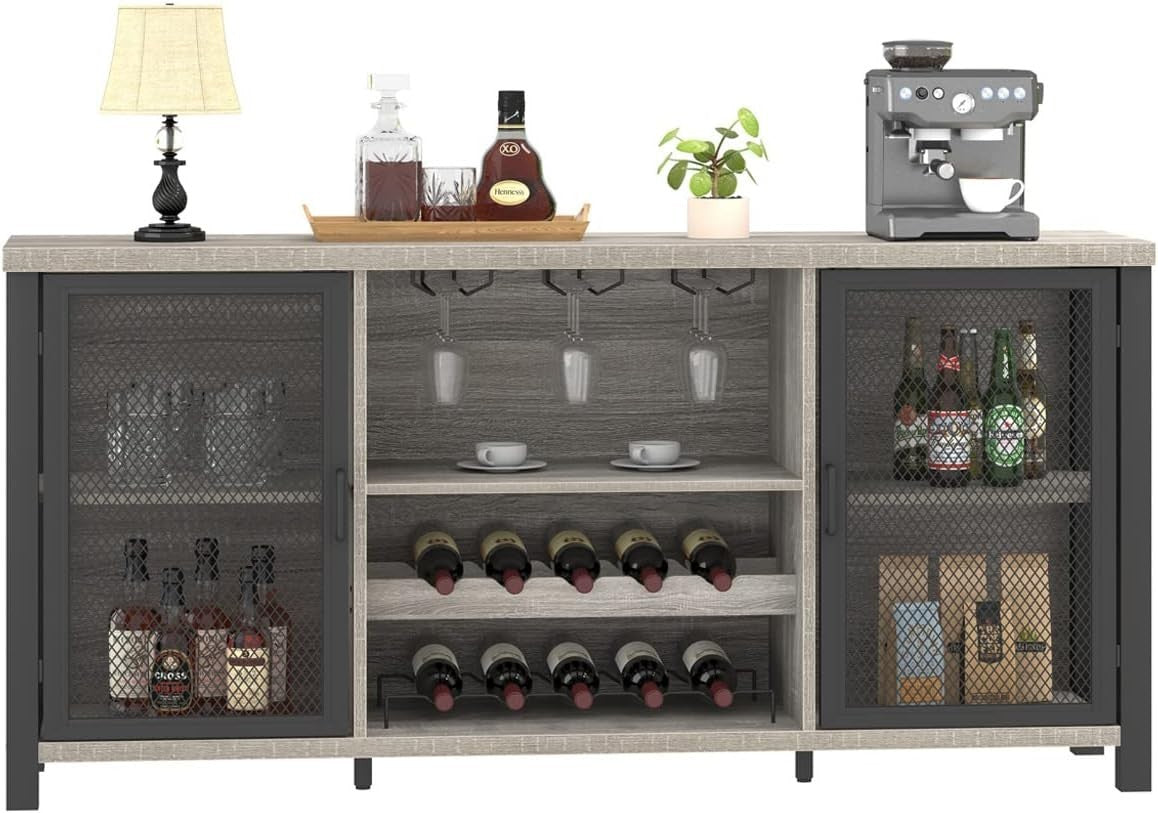 Large Industrial Bar Cabinet with Wine Racks Glass Storage Sideboard Light Grey