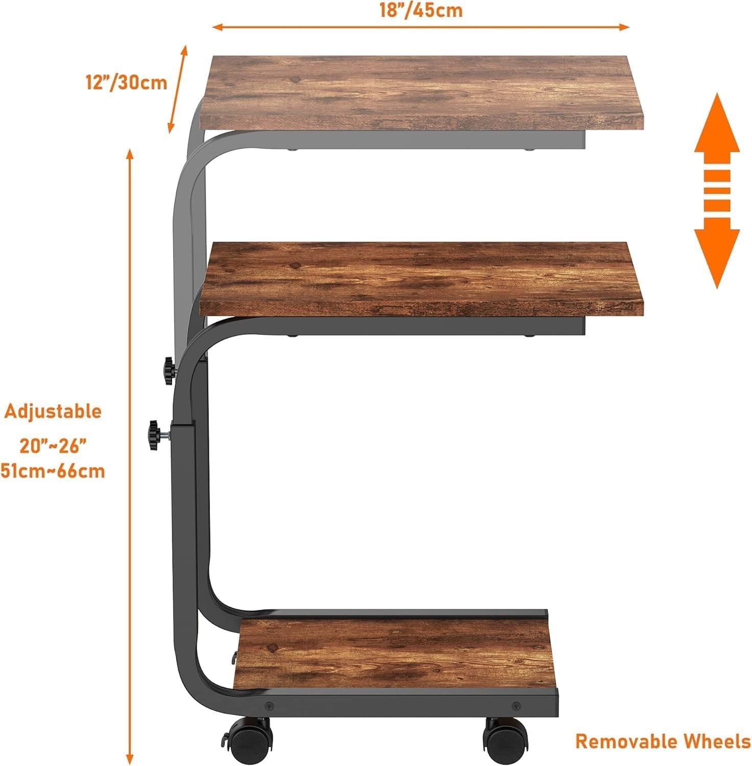 Height Adjustable Side Table – 45x30x66cm End/Bedside Table Rustic Brown