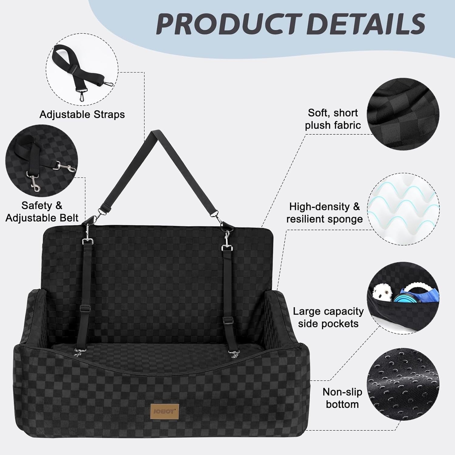 Large Dog Booster Car Seat Memory Foam Travel Bed Washable Black