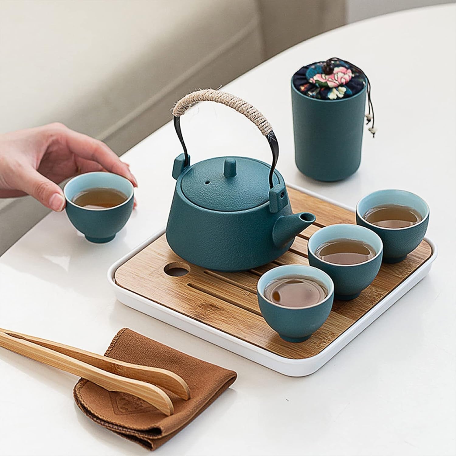 Portable Gongfu Tea Set Ceramic Teapot Cups Bamboo Tray Travel Bag