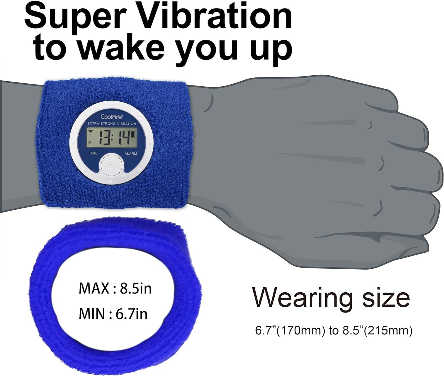 Silent Vibrating Alarm Clock Wristband Blue USB Rechargeable for Heavy Sleepers