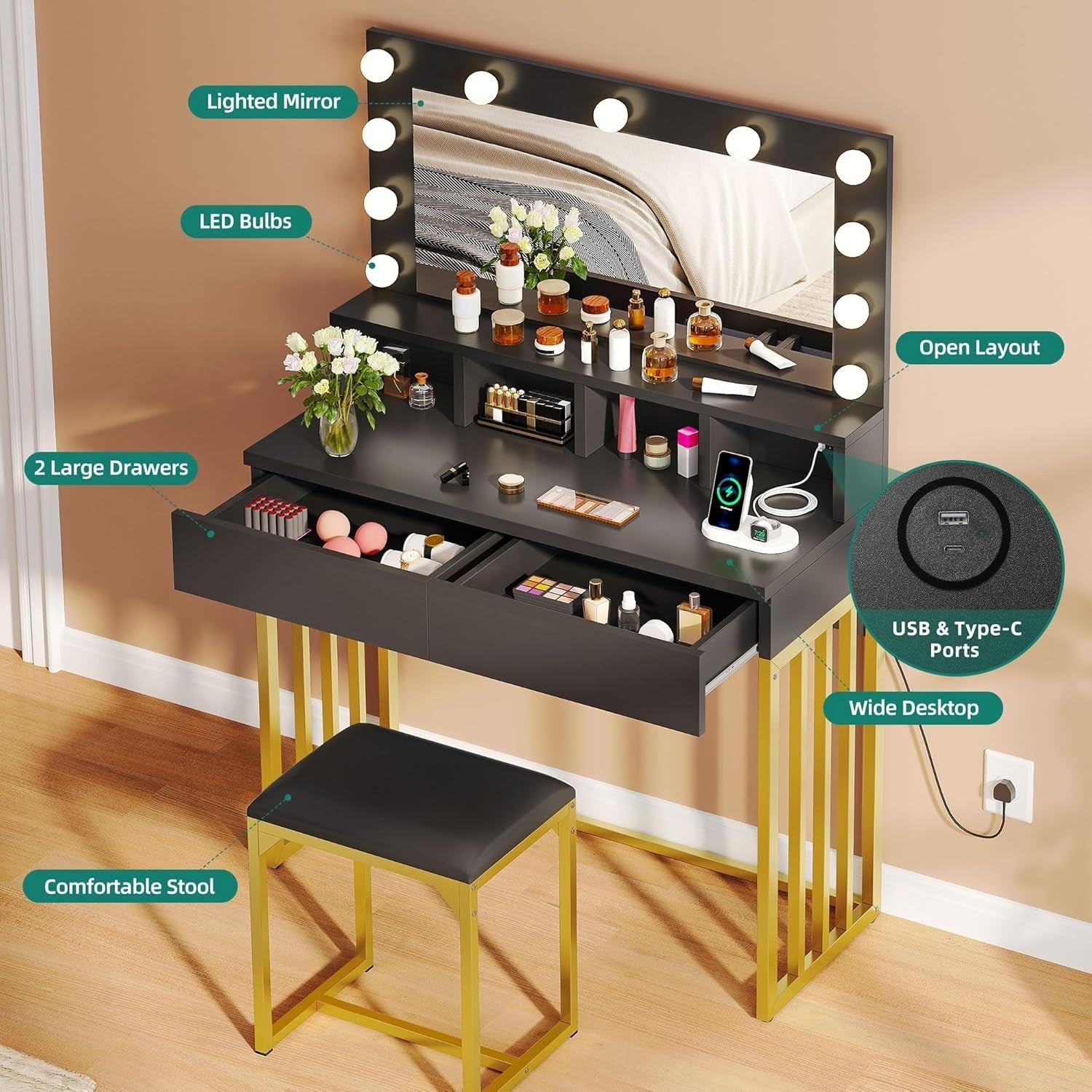 Hollywood Dressing Table Makeup Vanity Desk w/ Lighted Mirror Stool Drawers USB