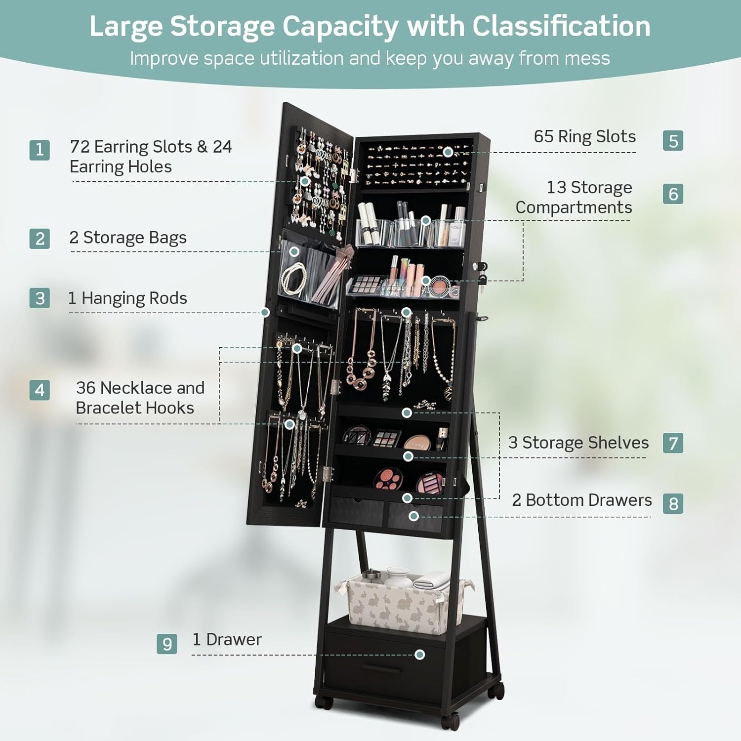 Mobile Jewelry Cabinet with Wheels Lockable Full Length Mirror Storage