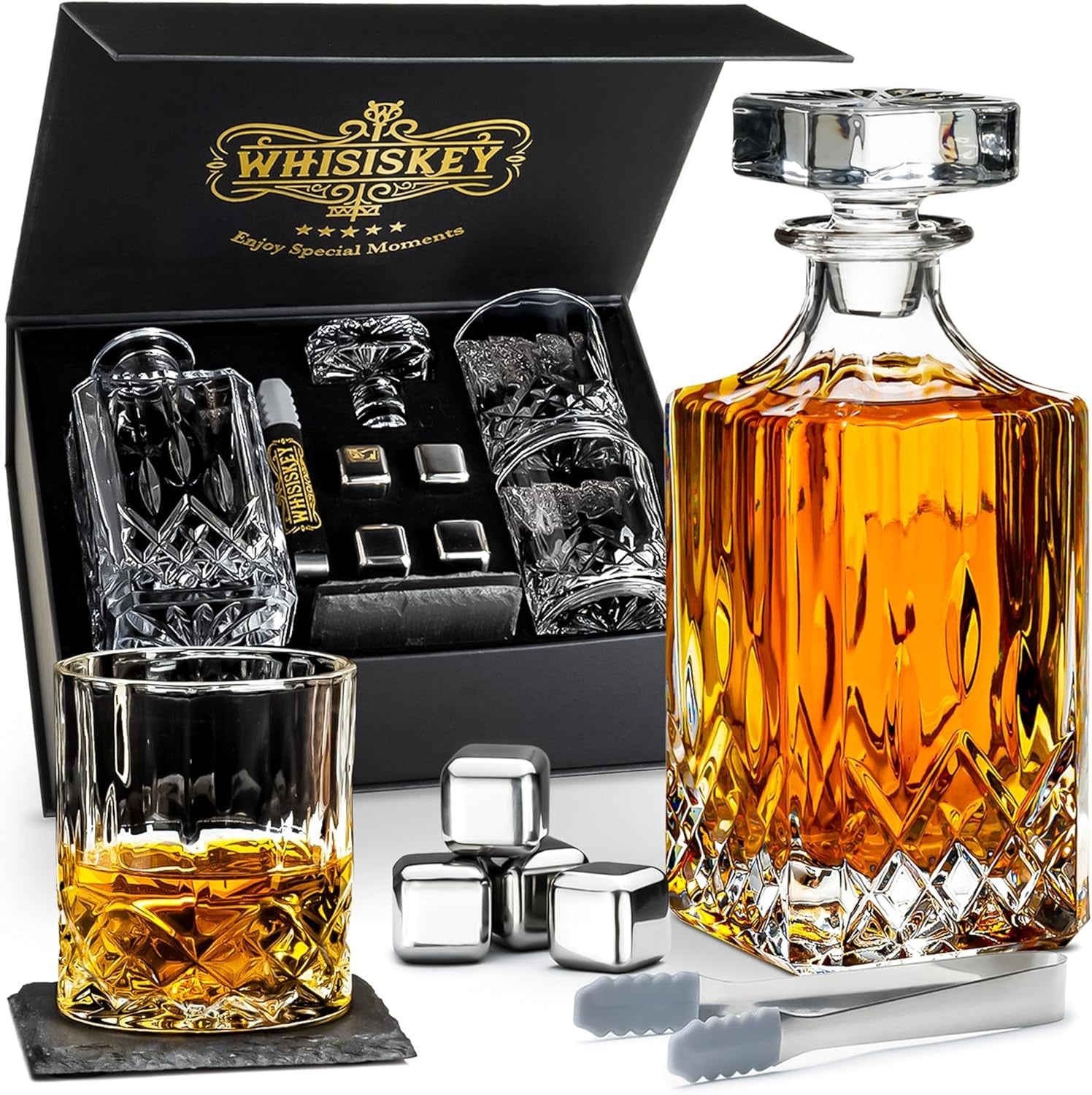 Whiskey Decanter Gift Set 700ml with 2 Glasses & Cooling Stones Luxury Box