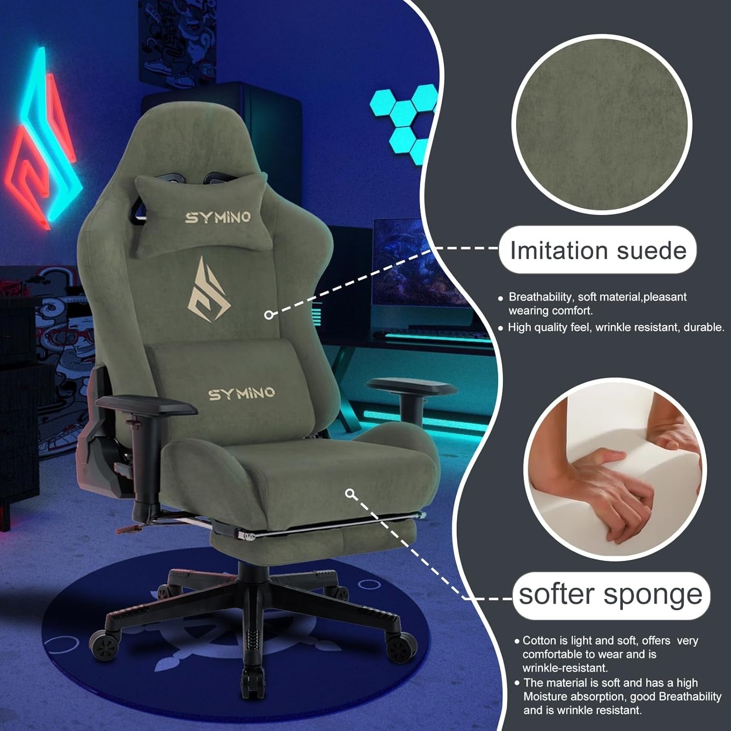 Large Ergonomic Gaming Chair Reclining Office Desk Swivel PC Green Footrest