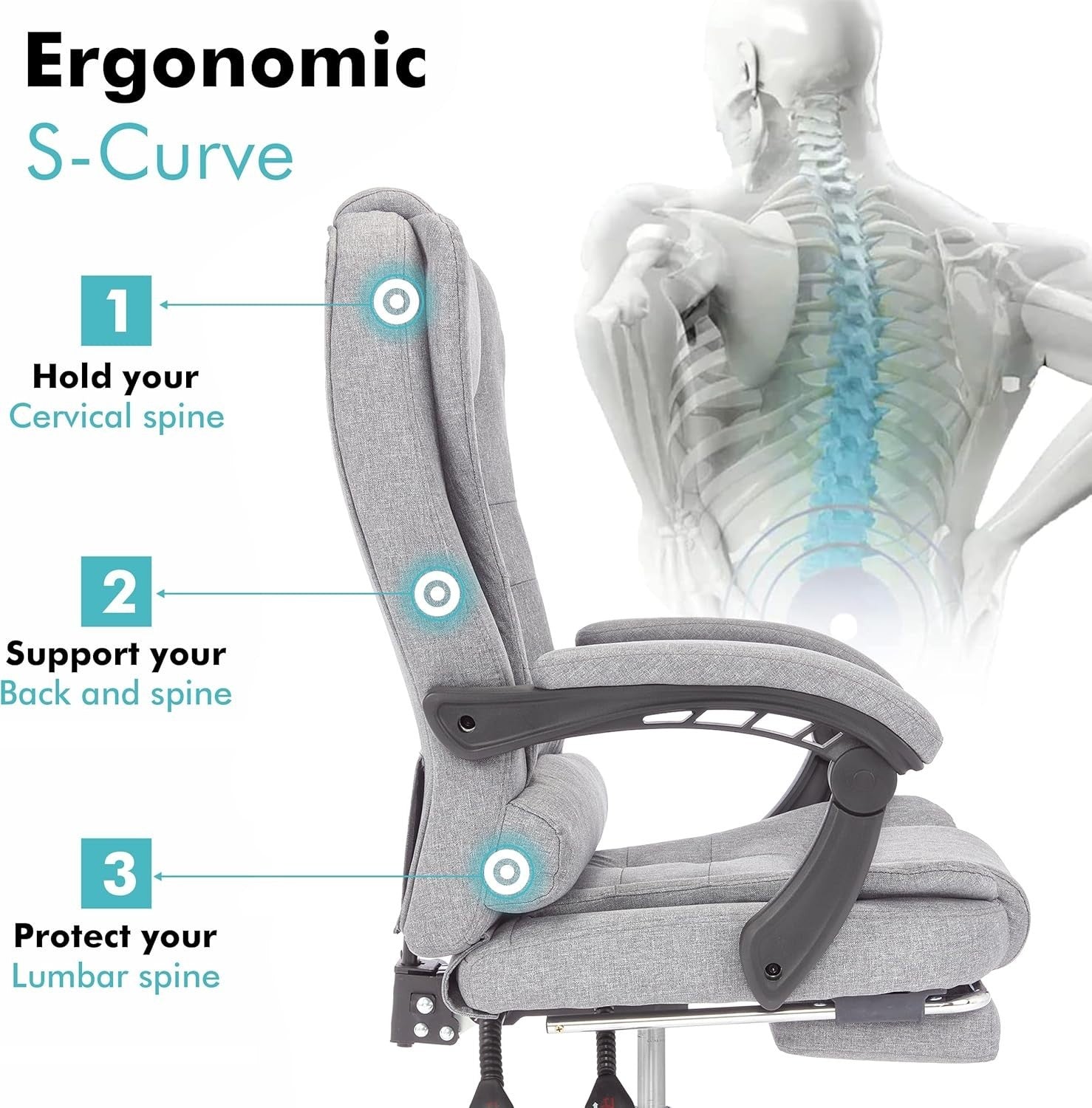 Ergonomic Executive Office Chair, Linen Fabric, Adjustable Recline & Footrest