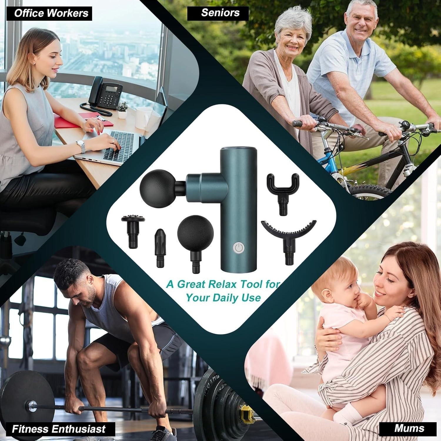 Mini Massage Gun 3800RPM Deep Tissue Muscle Relief Portable 5 Heads Quiet