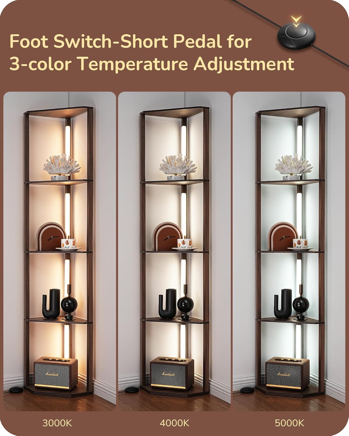 LED Floor Lamp with Shelves Dimmable Corner Standing Display Light