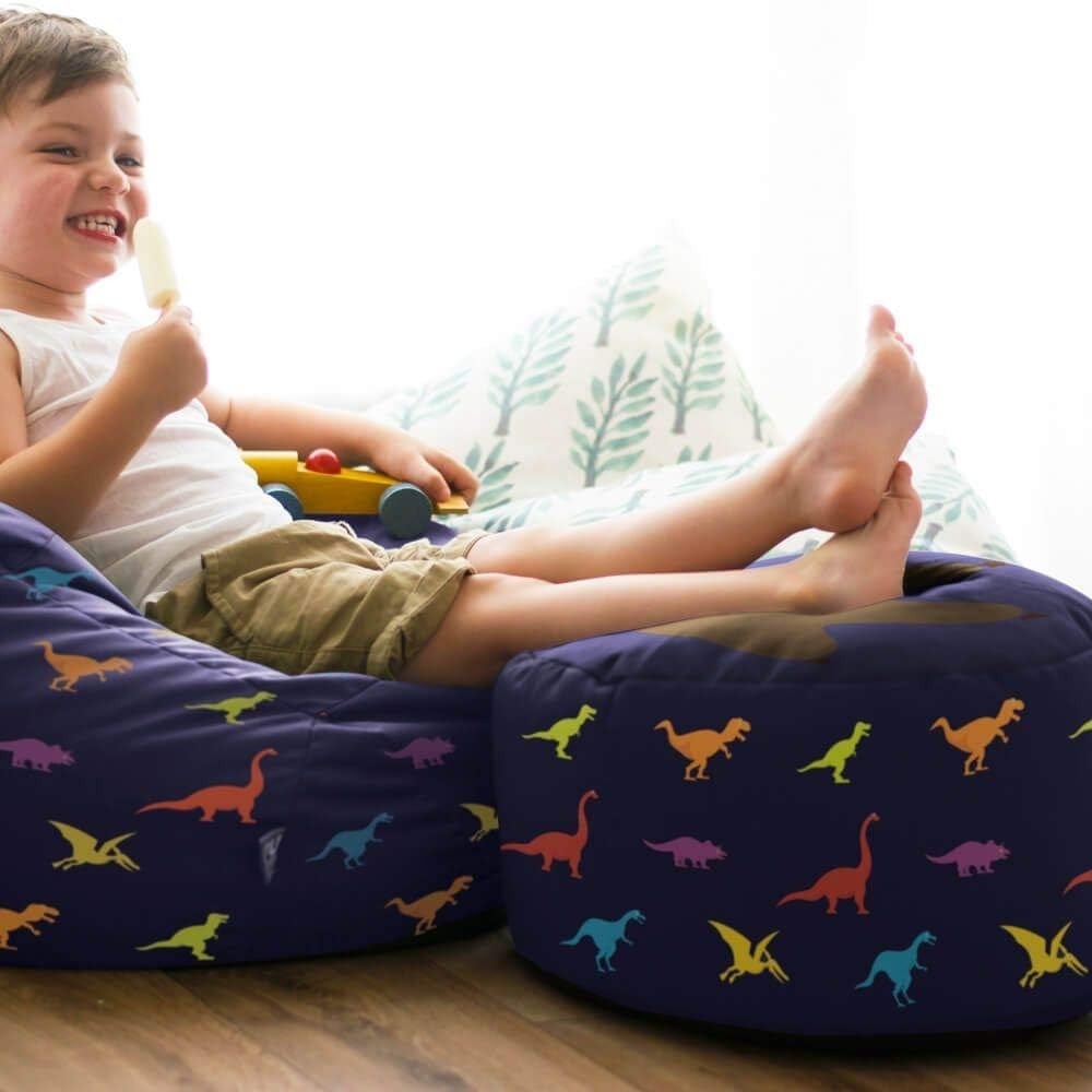 Kids Dinosaur Bean Bag Chair with Footstool – Soft, Washable, Toddler Seat