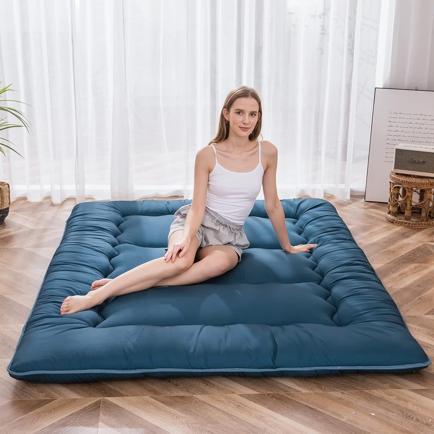 Blue Double Foldable Futon Mattress | Thick Tatami Sleep Pad, Portable Lounger
