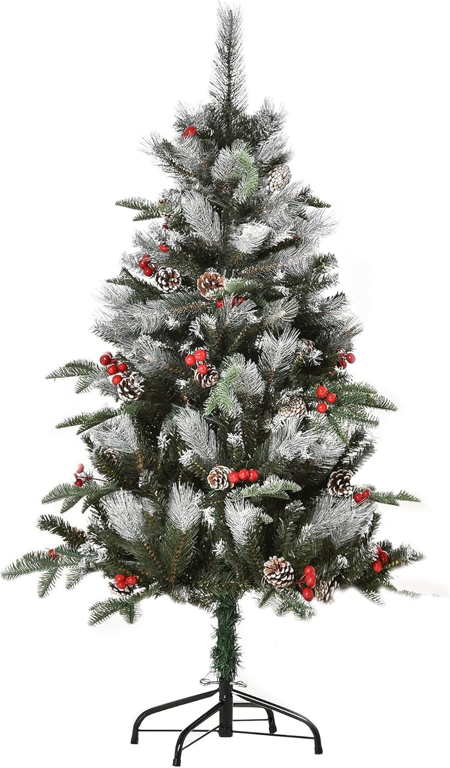120cm Snow-Dipped Artificial Xmas Tree with Red Berries & Metal Stand Decoration