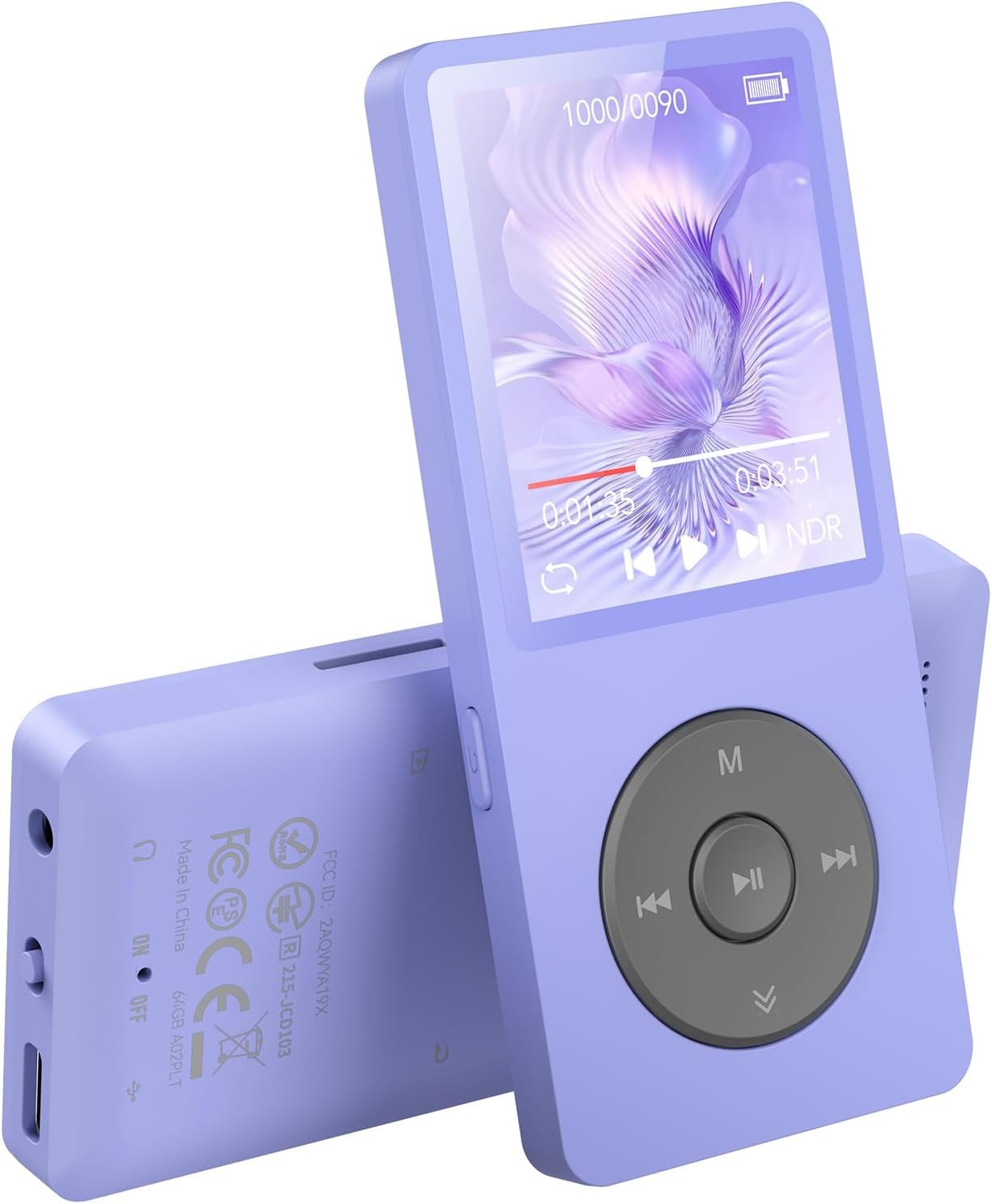 64GB Bluetooth 5.3 MP3 Player Purple 1.8" Screen FM Recorder Speaker