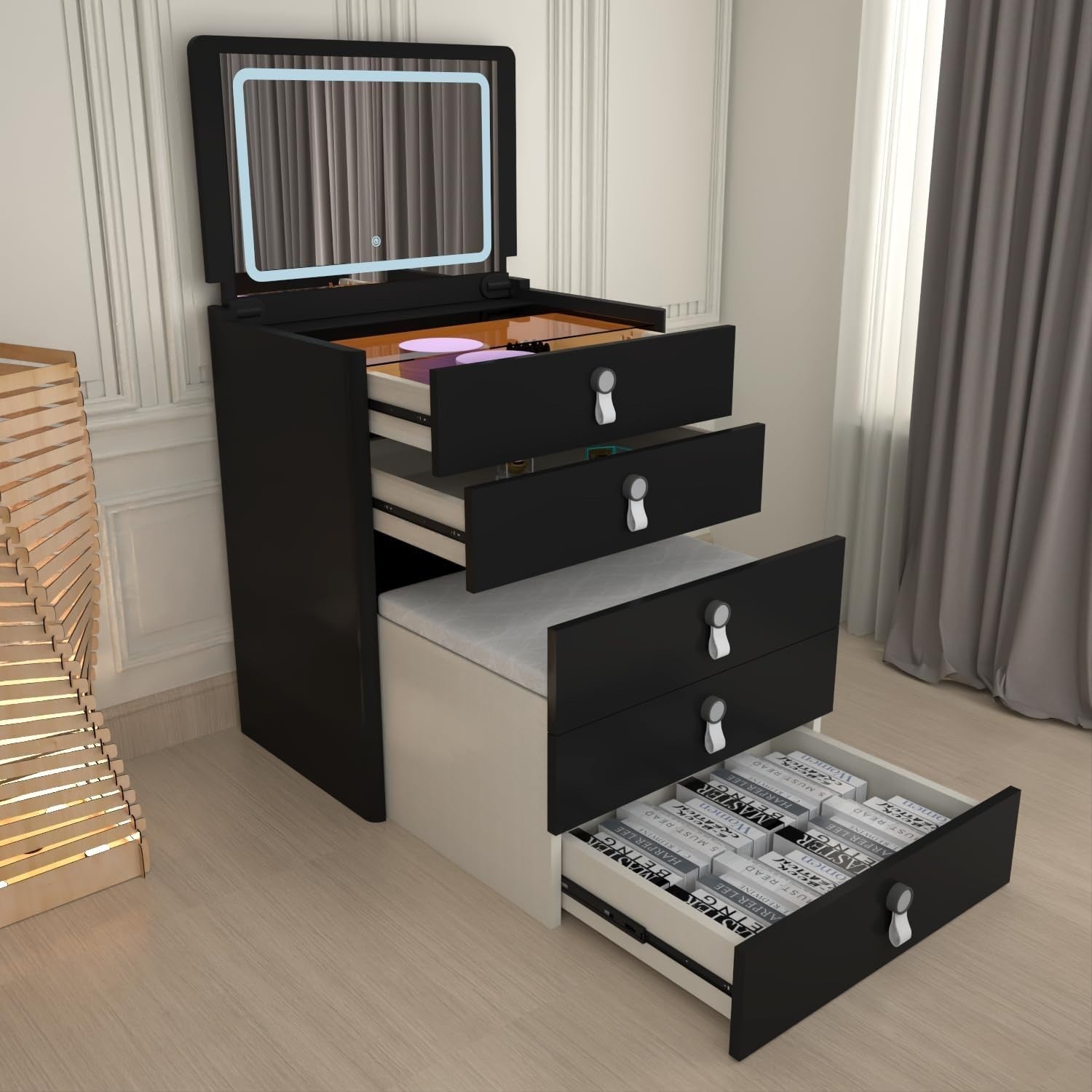 Black High Gloss Dressing Table Vanity Desk Mirror 5 Drawer Storage Stool Set