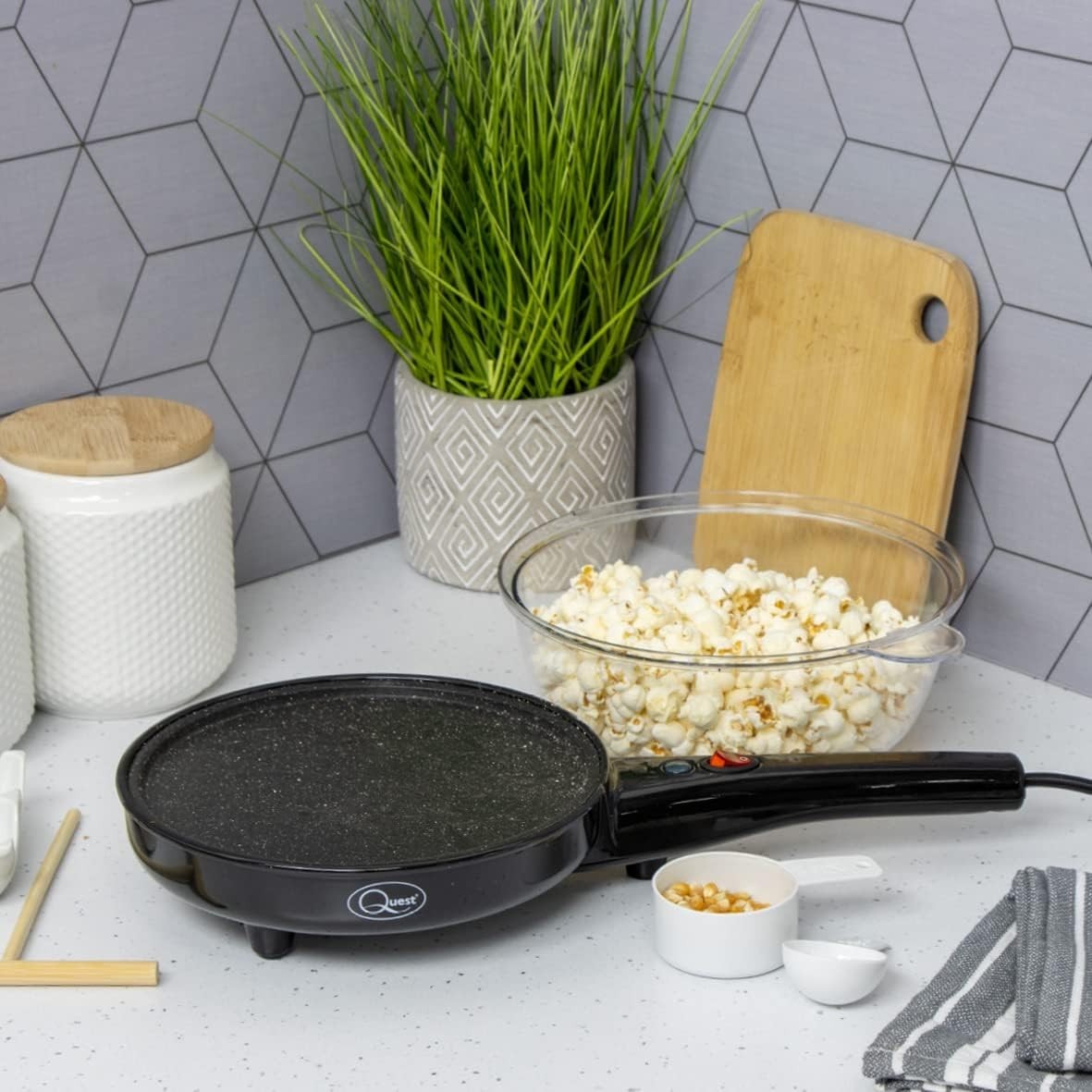 2-in-1 Popcorn & 8" Crepe Maker Non-Stick Electric Pan 800W