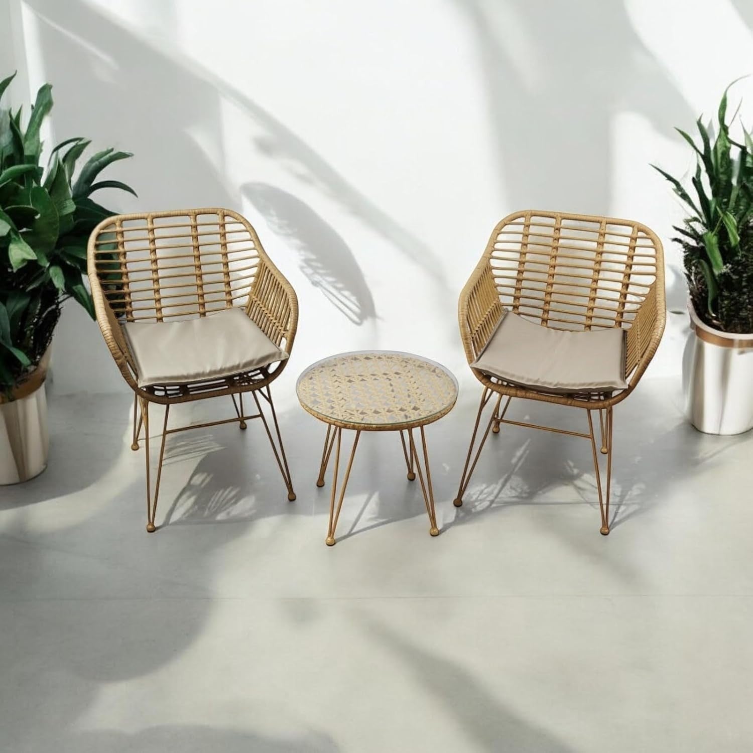 Rattan Garden Bistro Set 2 Chairs Glass Table Balcony Patio Outdoor Seating