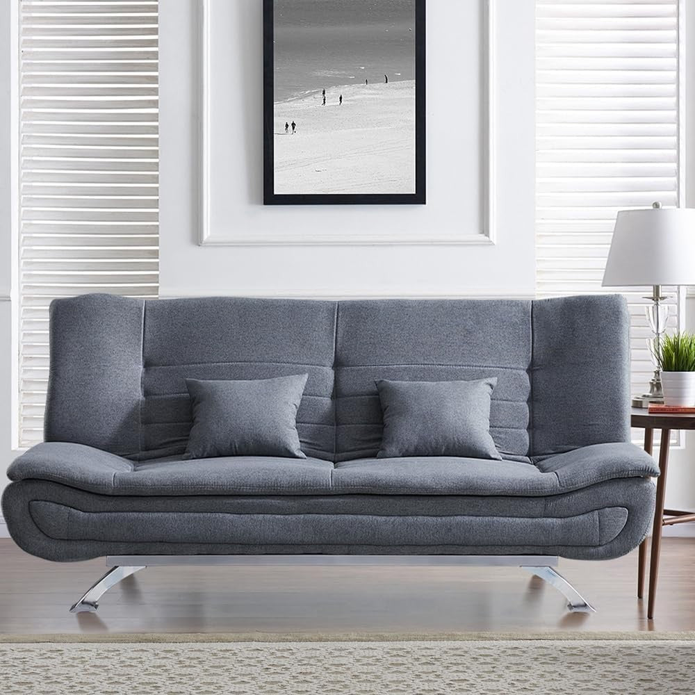 Grey Linen 3 Seater Sofa Bed Double Futon with Pillows, 188cm Convertible