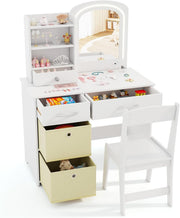 Kids Vanity Table Set Girls Dressing Desk & Stool LED Lighted Mirror Wood White