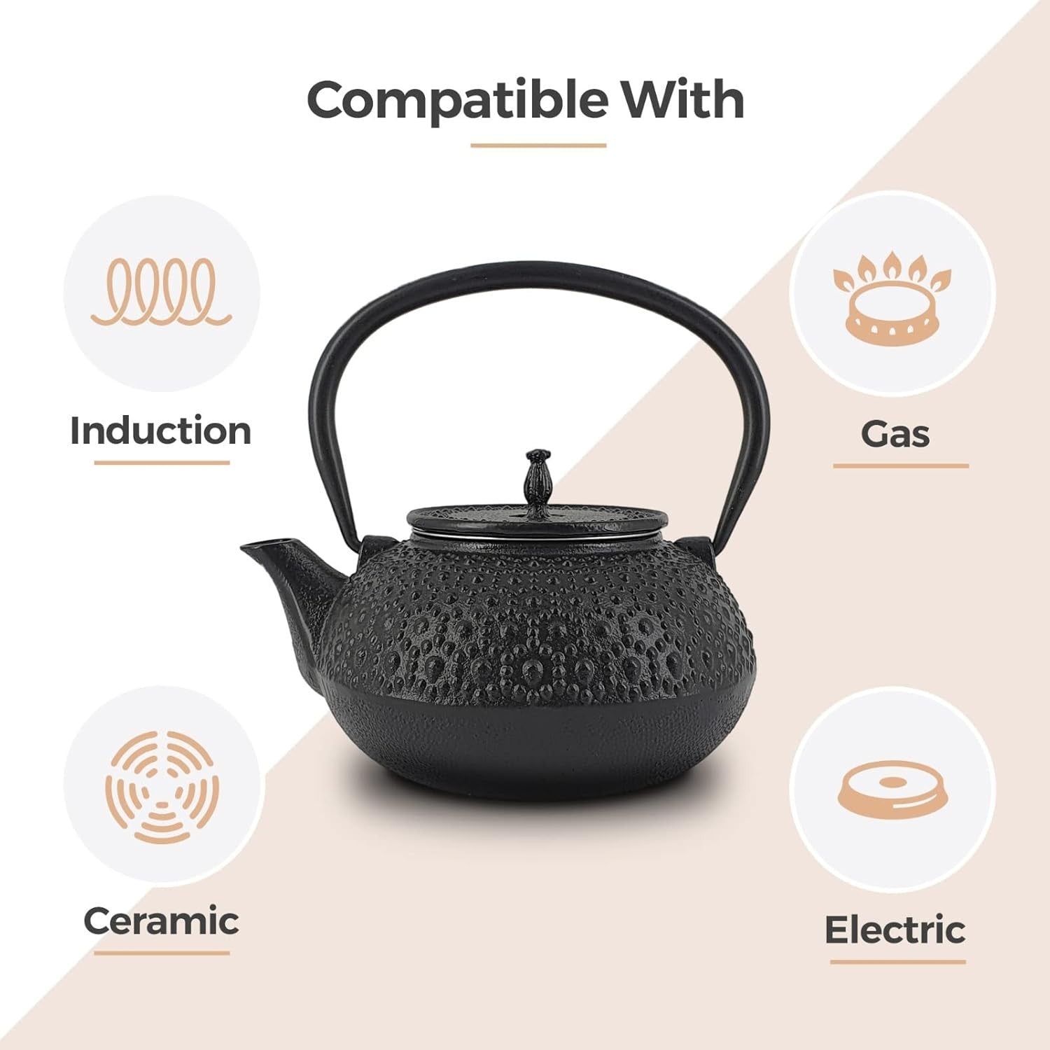 Cast Iron Teapot 650ml Tea Pot w/ Infuser Black Dotty Tetsubin Style