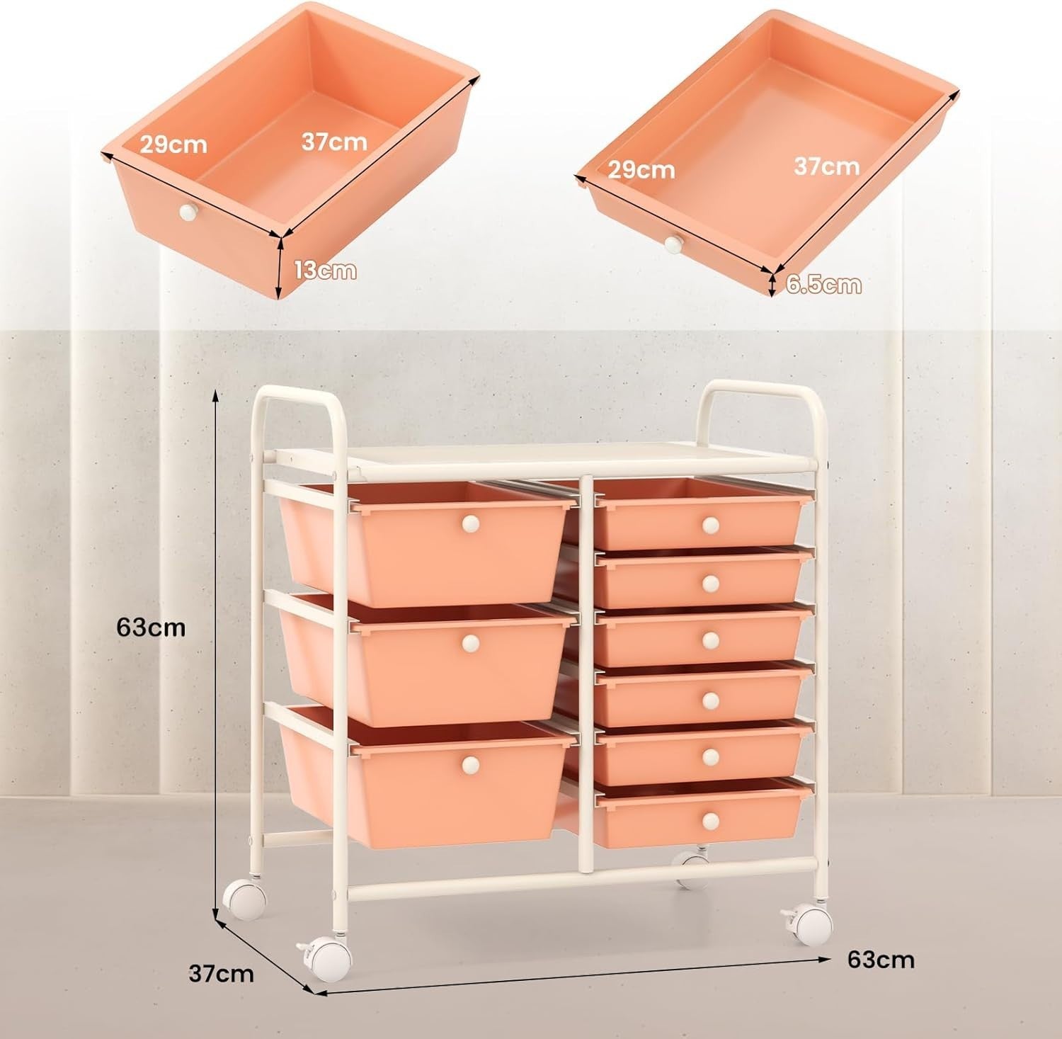 Pink 9 Drawer Mobile Storage Cart Rolling Beauty Organizer Trolley
