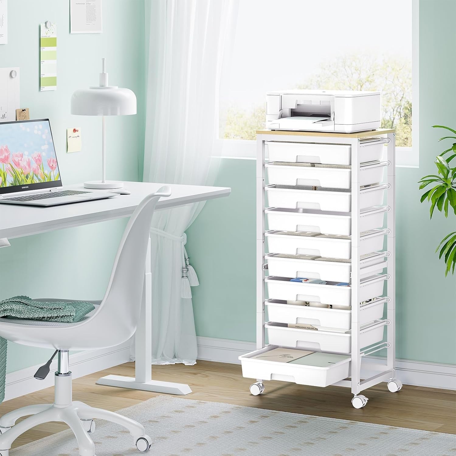 White 10 Drawer Rolling Storage Trolley Craft Organizer with Wooden Top