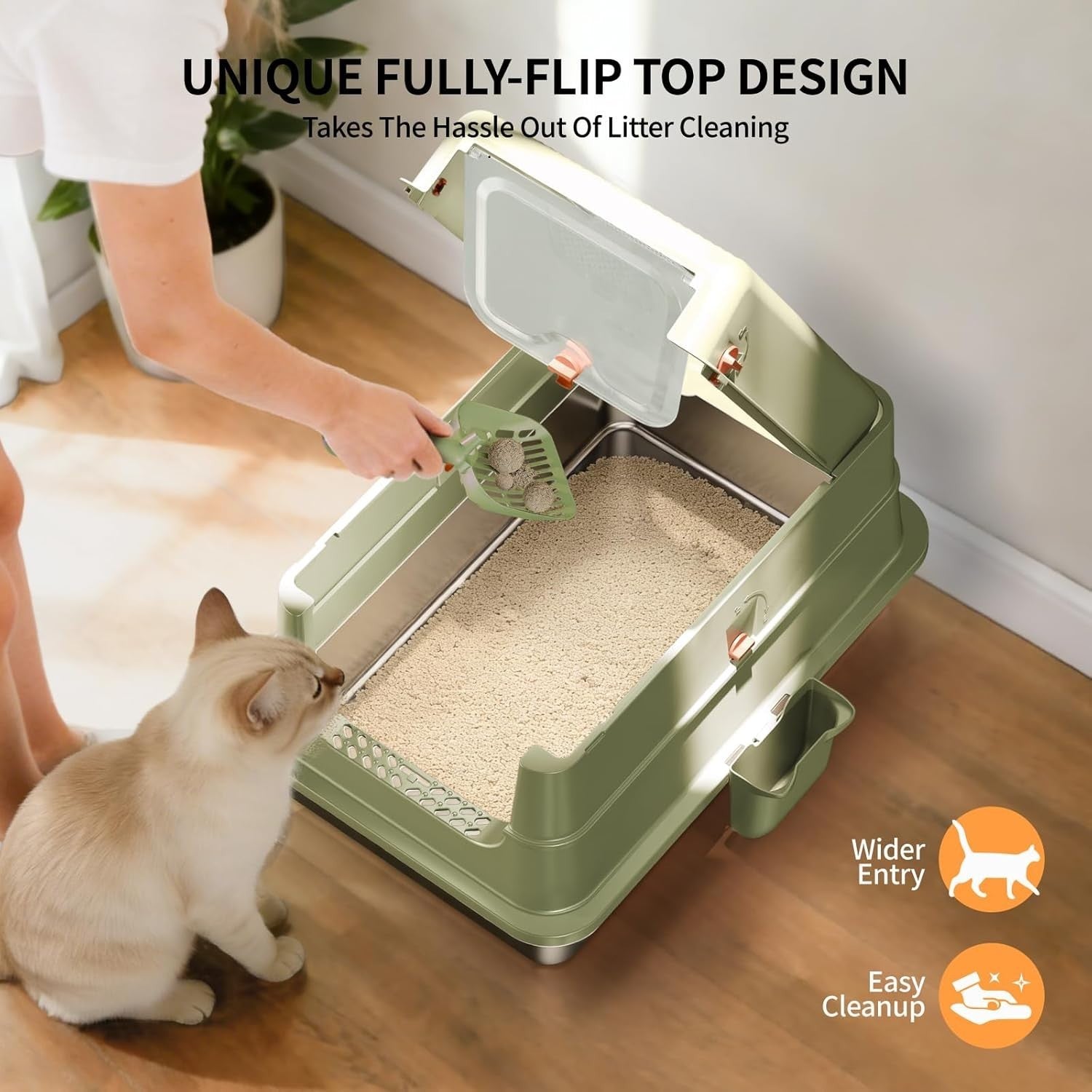 XL Stainless Steel Cat Litter Box Covered Leak Proof Odor Control Green