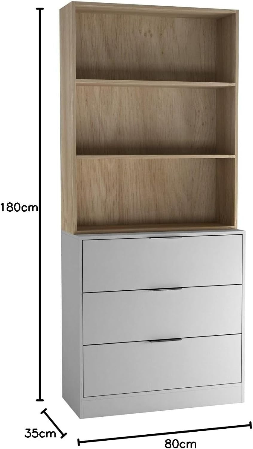 80cm Grey Drawer Wooden Storage Cabinet with Oak Bookcase Shelving