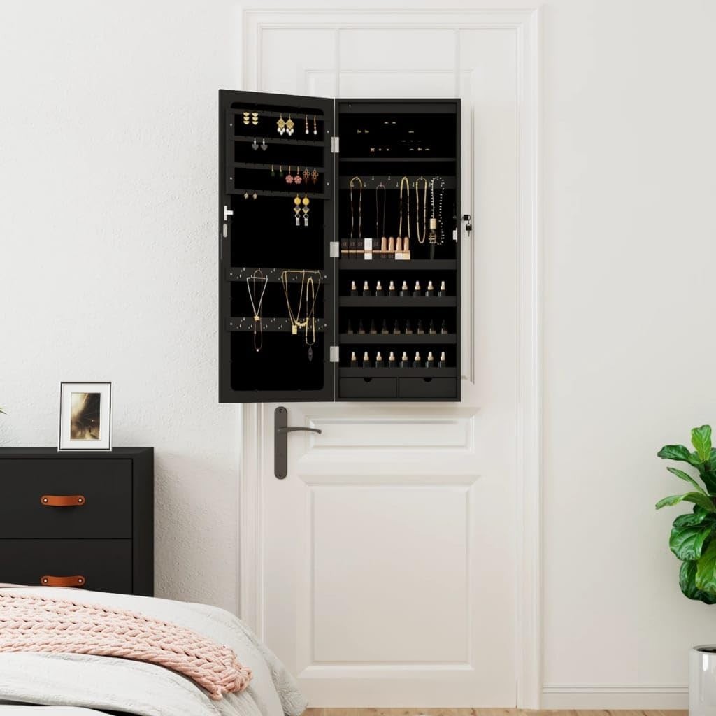 LED Wall Mounted Jewelry Cabinet Mirror Lockable Storage Organizer Black